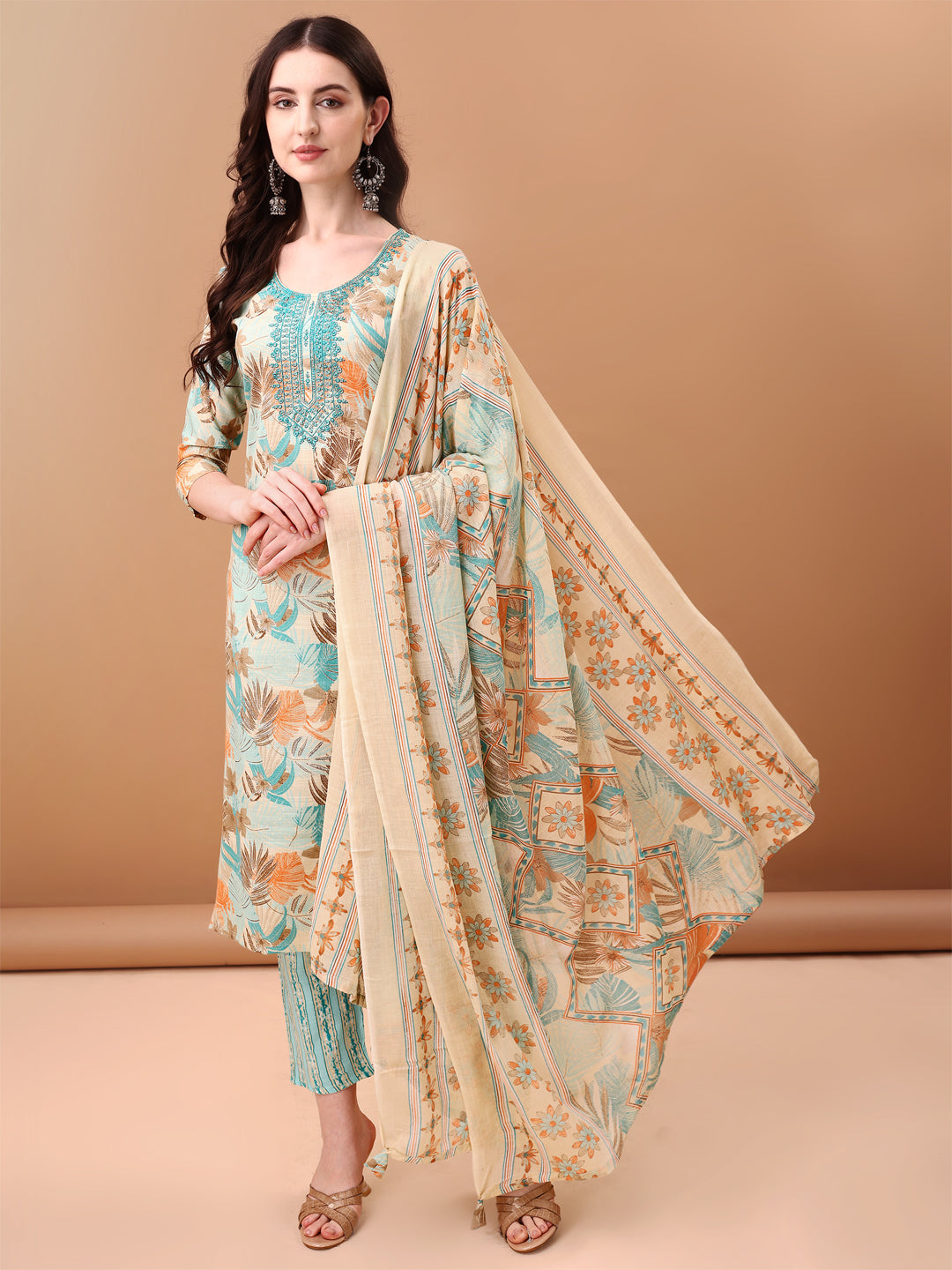 Embroidered & Botanical Printed Kurta with pant & Printed Dupatta