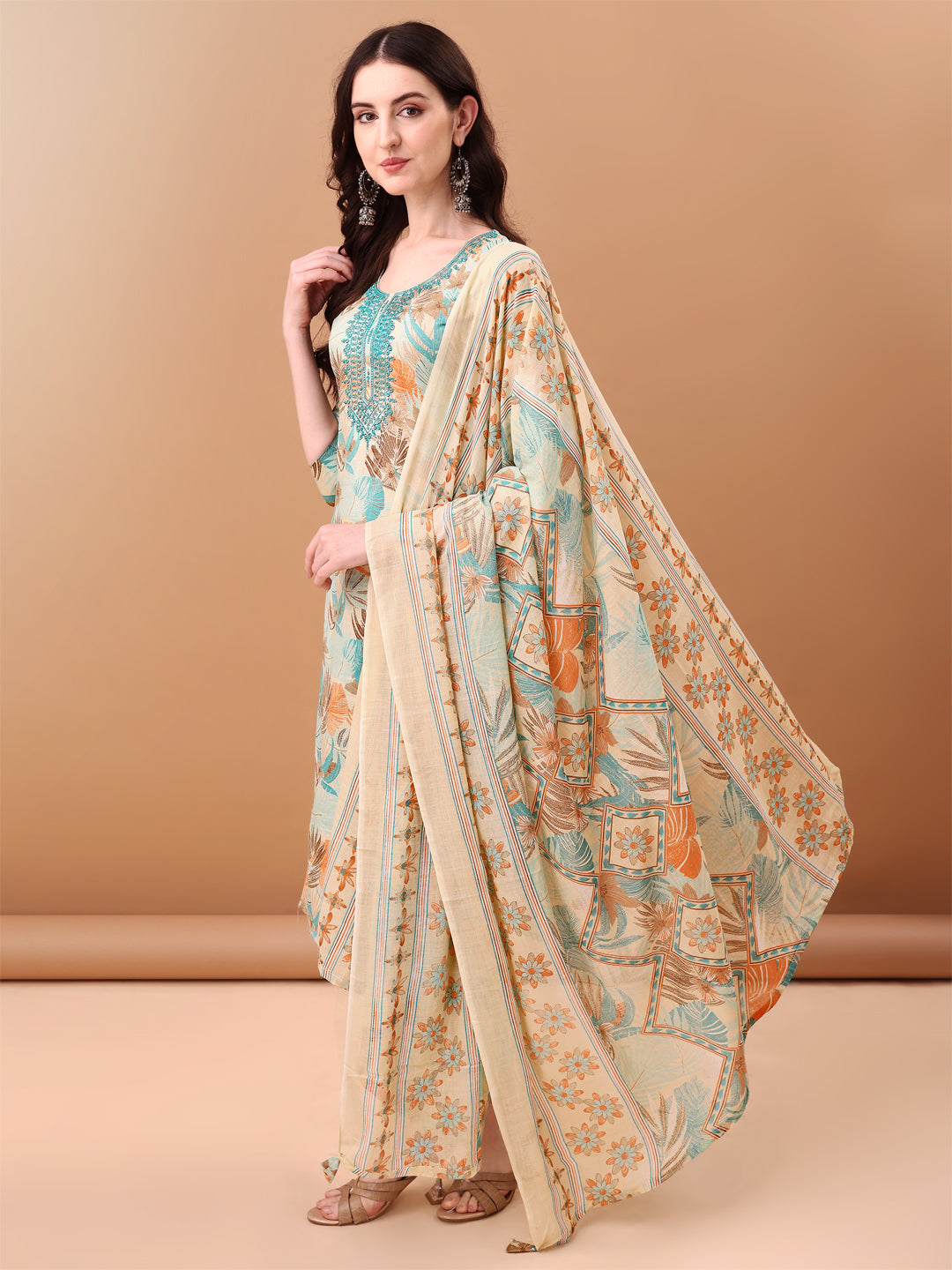 Embroidered & Botanical Printed Kurta with pant & Printed Dupatta