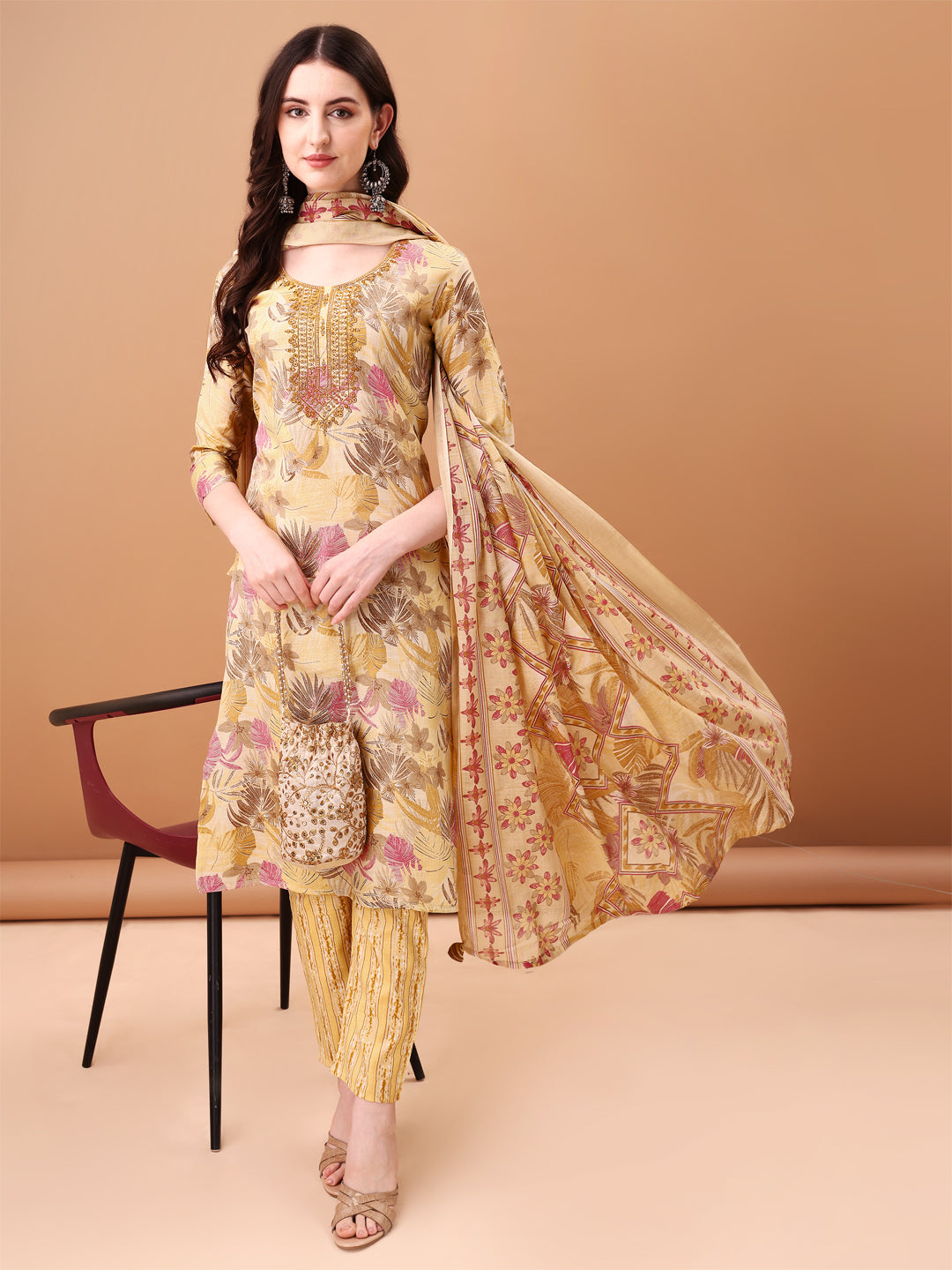 Embroidered & Botanical Printed Kurta with pant & Printed Dupatta