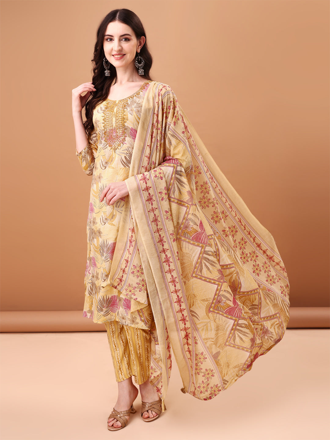 Embroidered & Botanical Printed Kurta with pant & Printed Dupatta