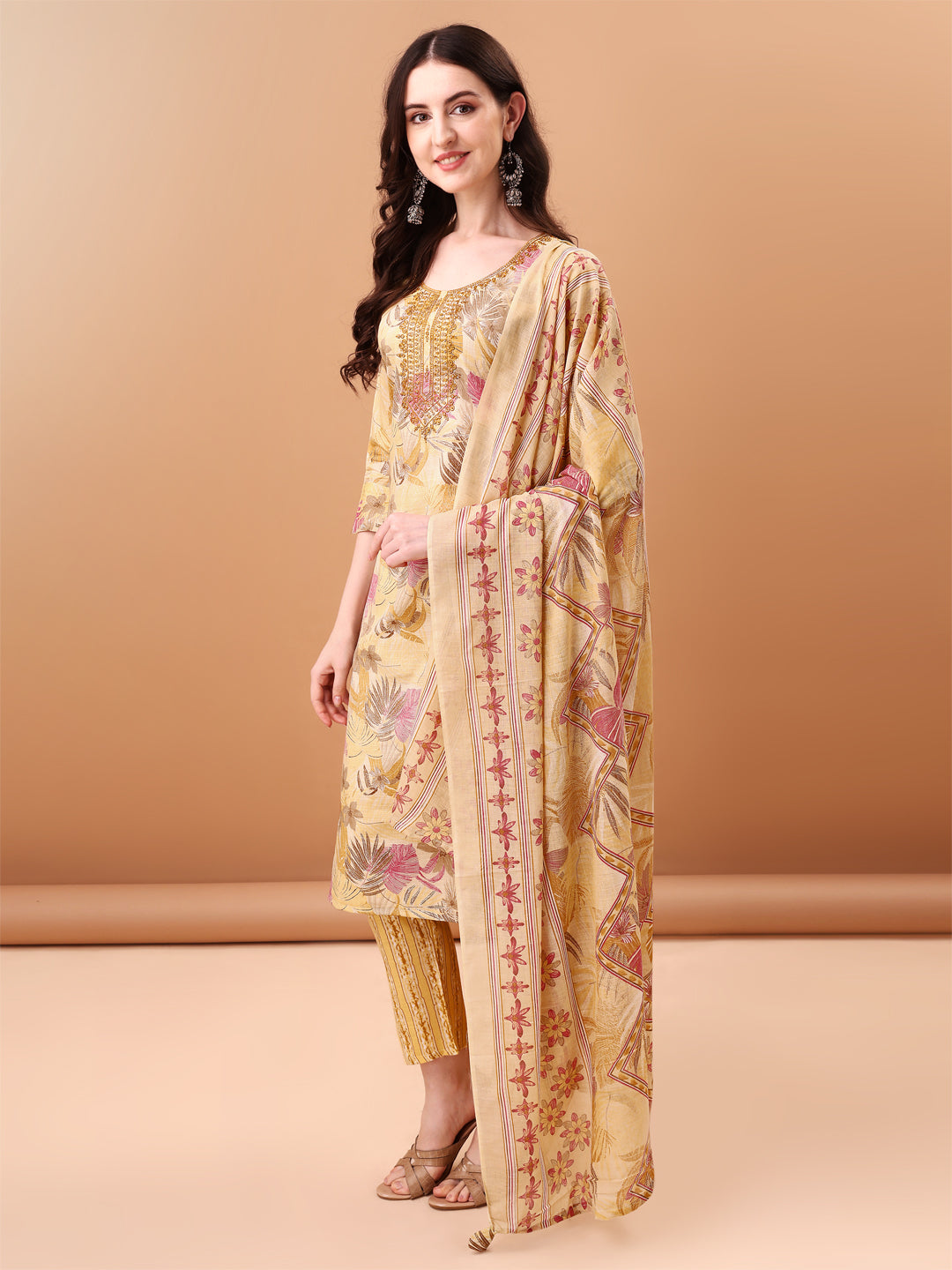 Embroidered & Botanical Printed Kurta with pant & Printed Dupatta