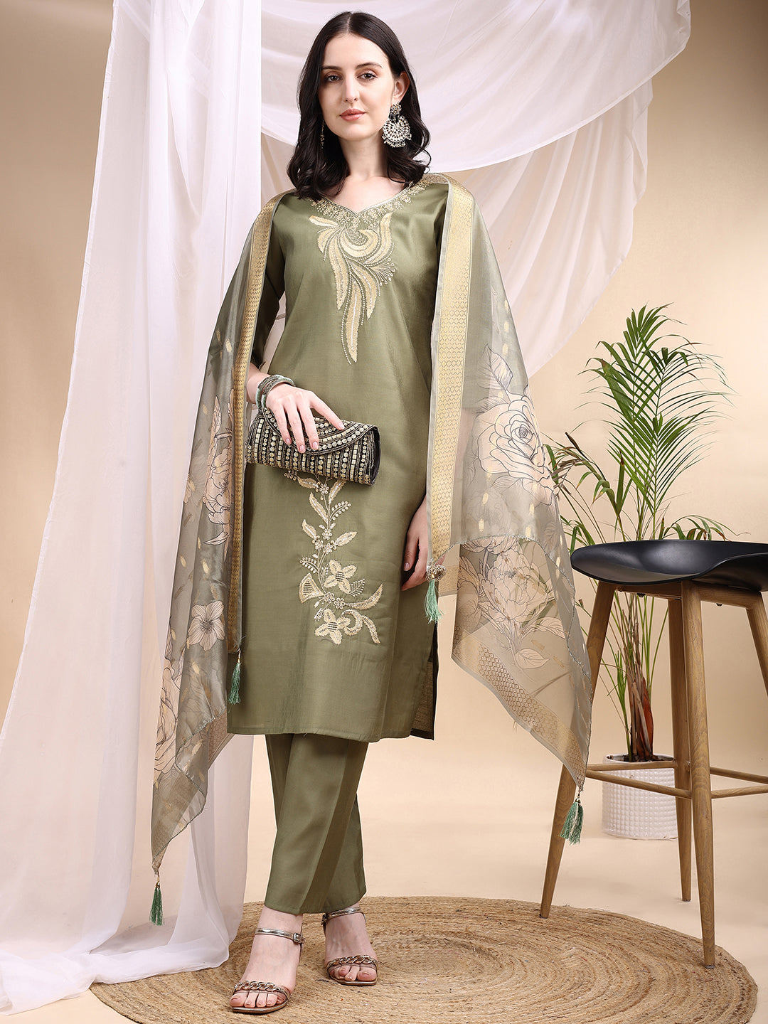 Embroidered Kurta with Pant & Printed Dupatta