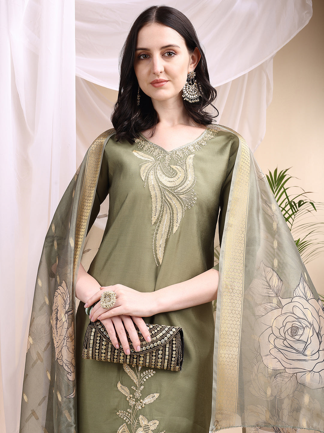 Embroidered Kurta with Pant & Printed Dupatta