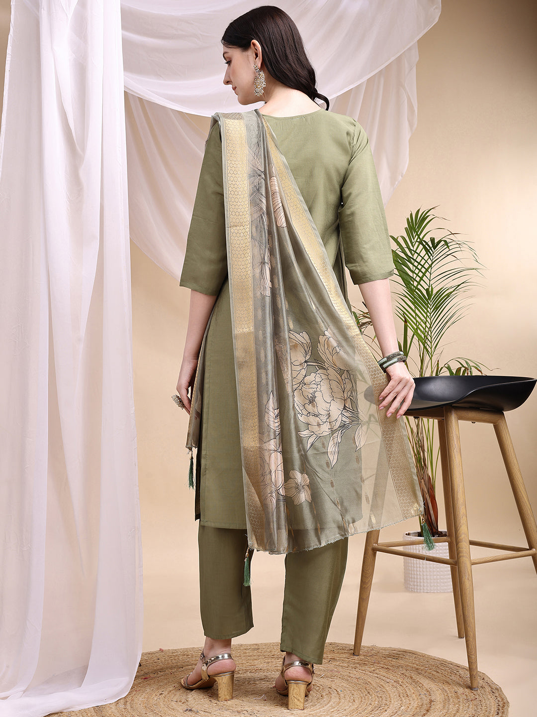 Embroidered Kurta with Pant & Printed Dupatta