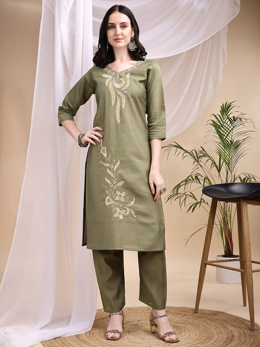 Embroidered Kurta with Pant & Printed Dupatta