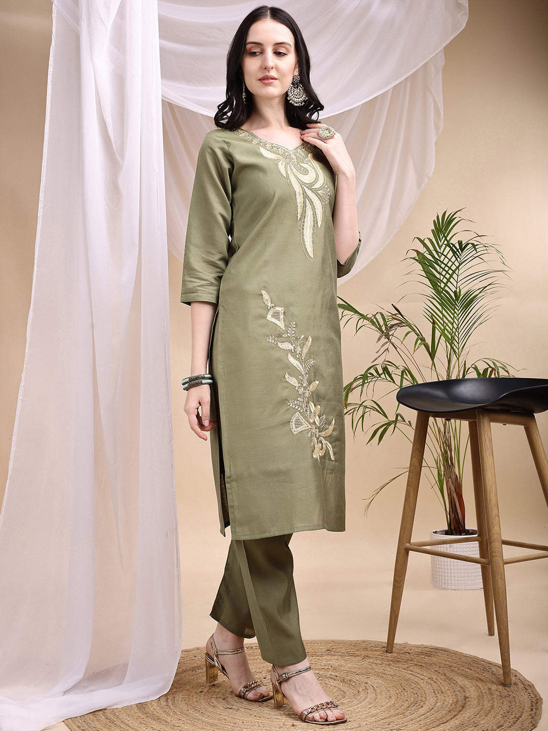 Embroidered Kurta with Pant & Printed Dupatta
