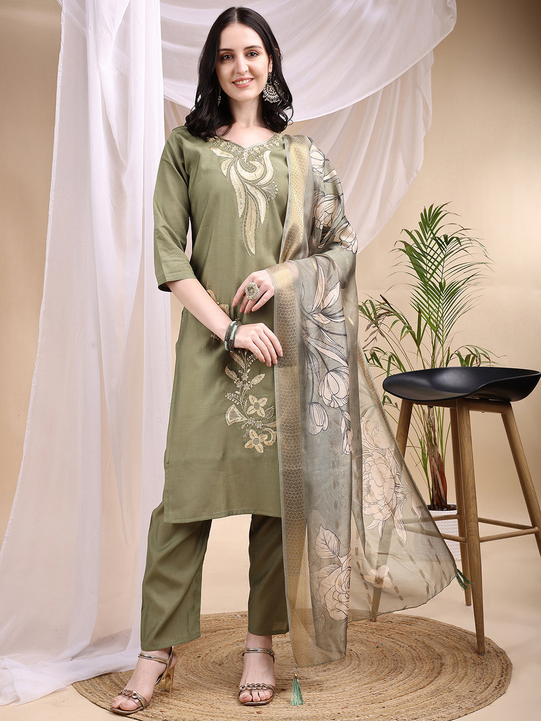Embroidered Kurta with Pant & Printed Dupatta