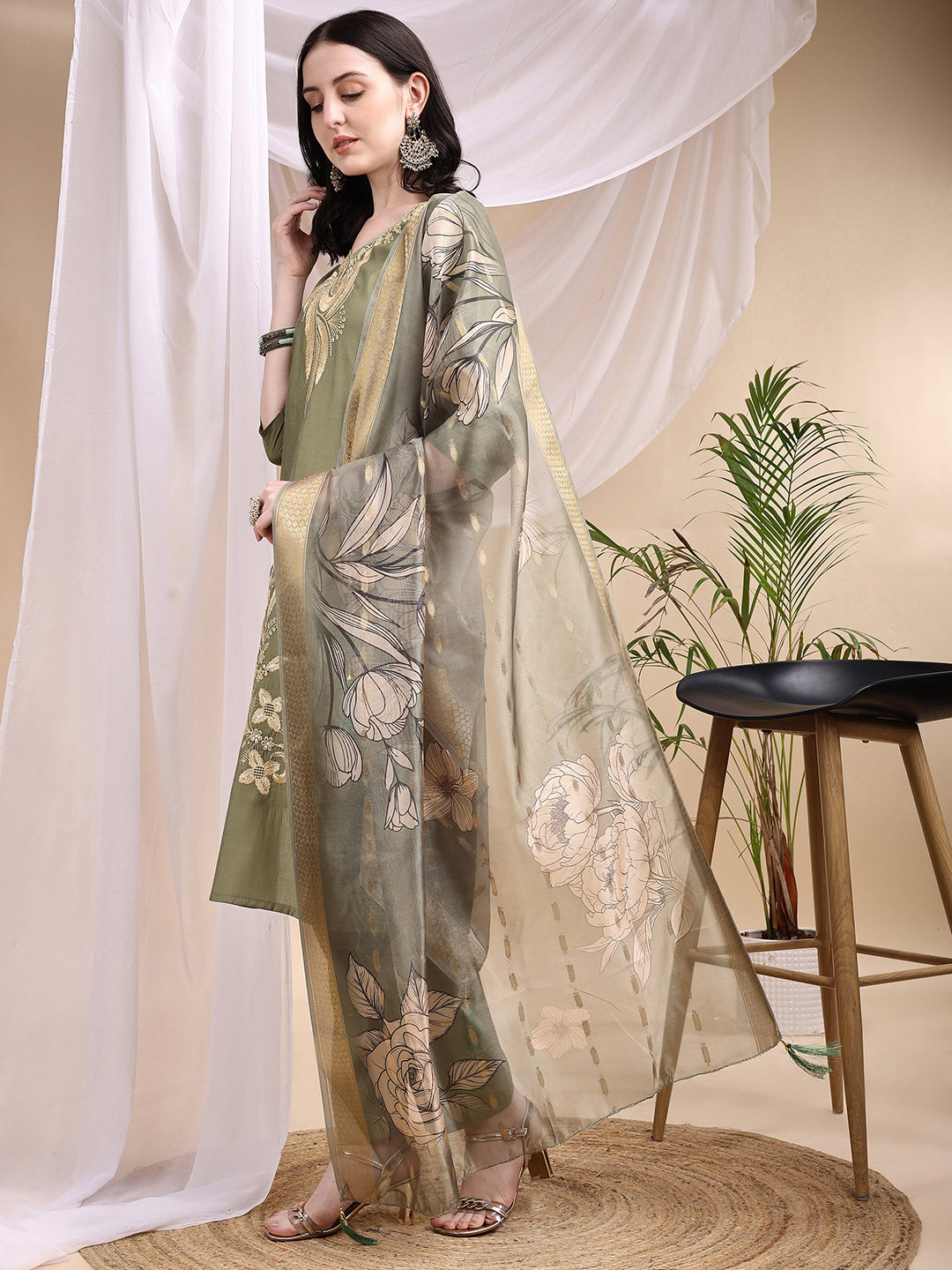 Embroidered Kurta with Pant & Printed Dupatta