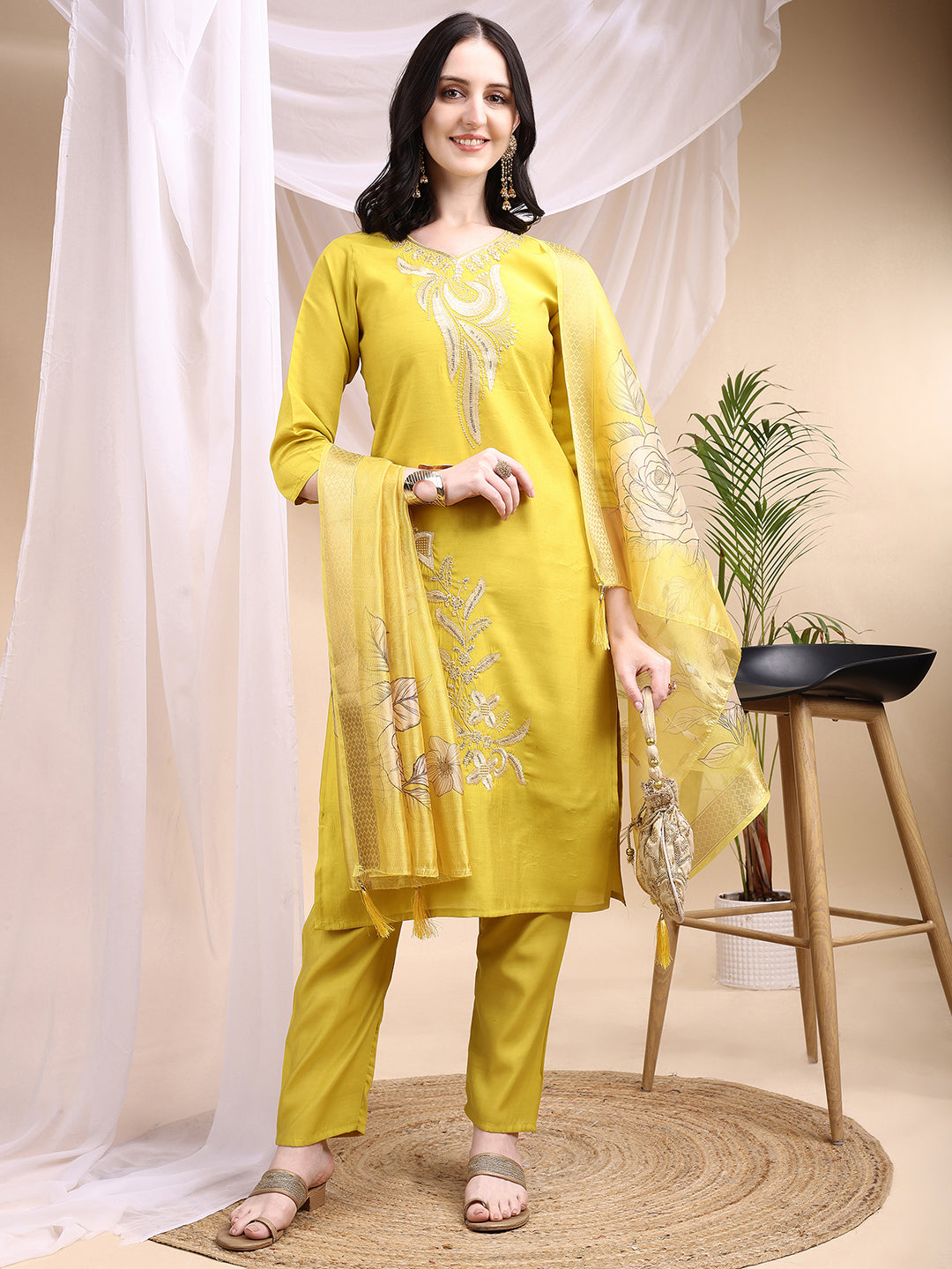 Embroidered Kurta with Pant & Printed Dupatta