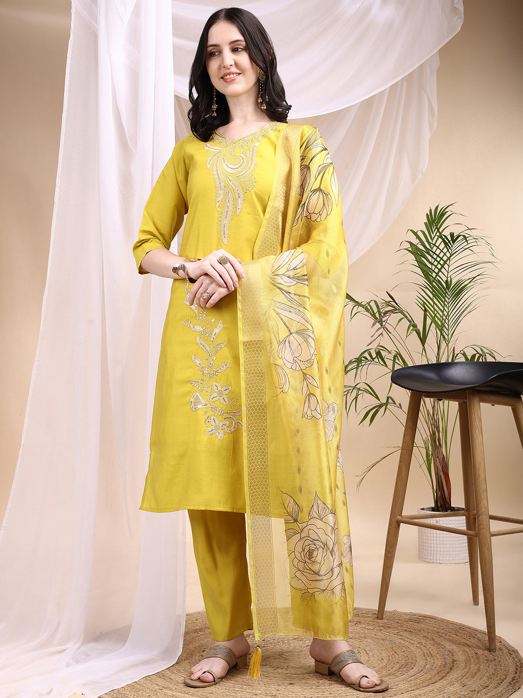 Embroidered Kurta with Pant & Printed Dupatta