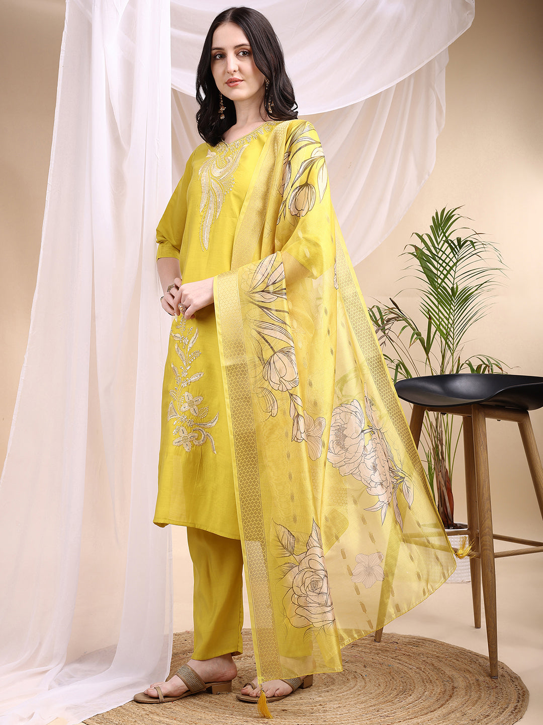 Embroidered Kurta with Pant & Printed Dupatta