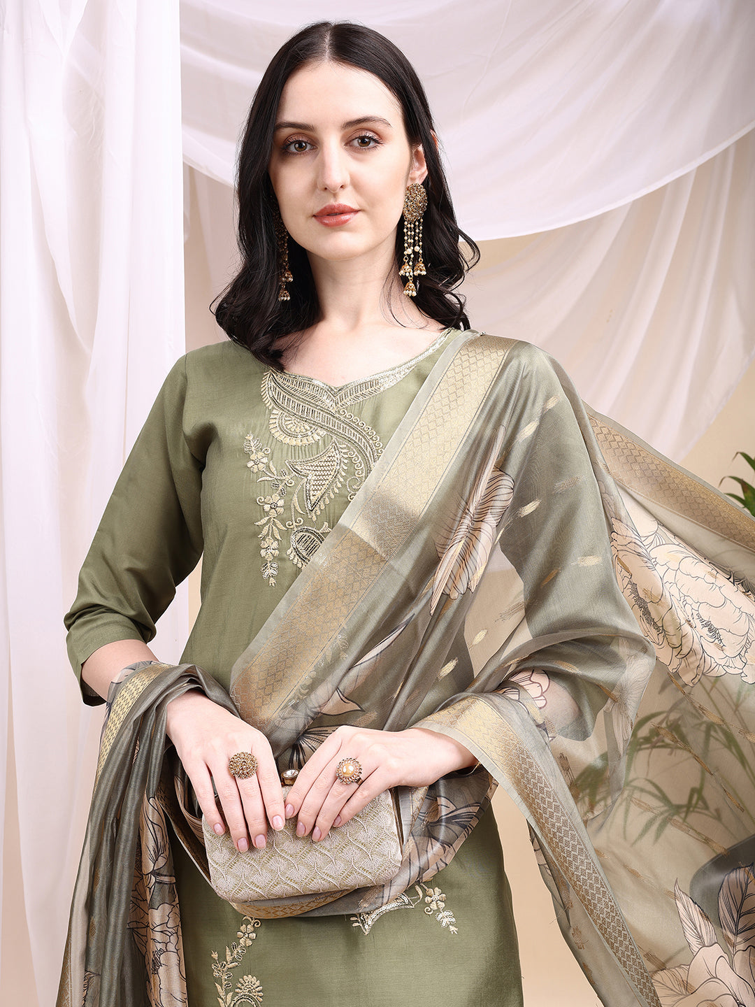 Embroidered Kurta with Pant & Printed Dupatta