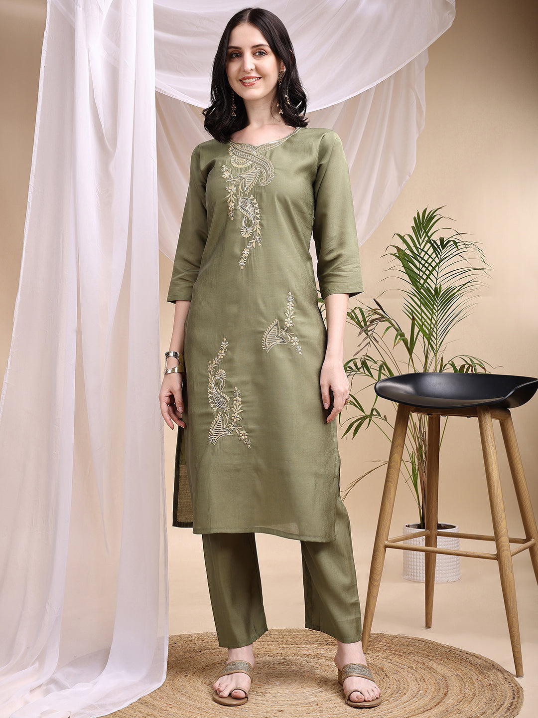Embroidered Kurta with Pant & Printed Dupatta
