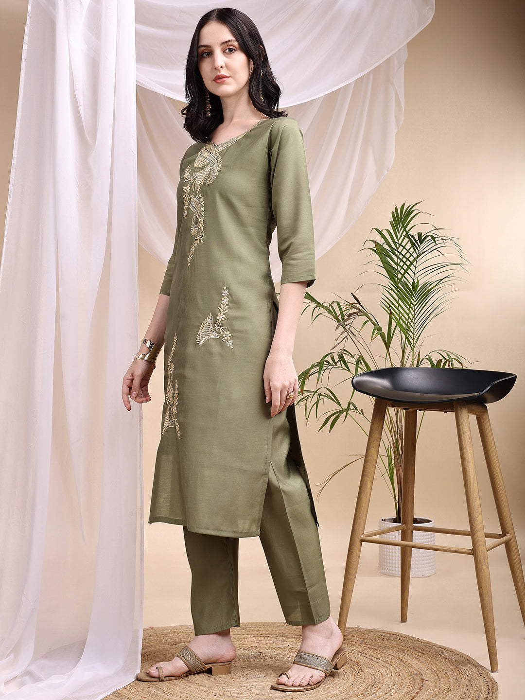 Embroidered Kurta with Pant & Printed Dupatta