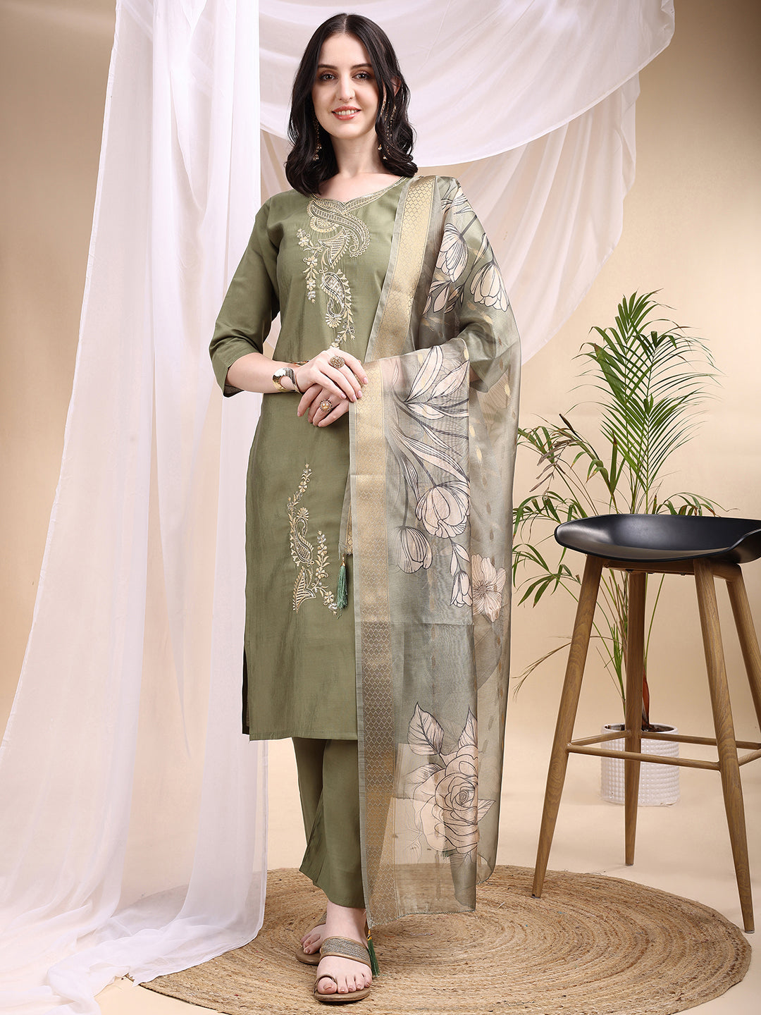 Embroidered Kurta with Pant & Printed Dupatta