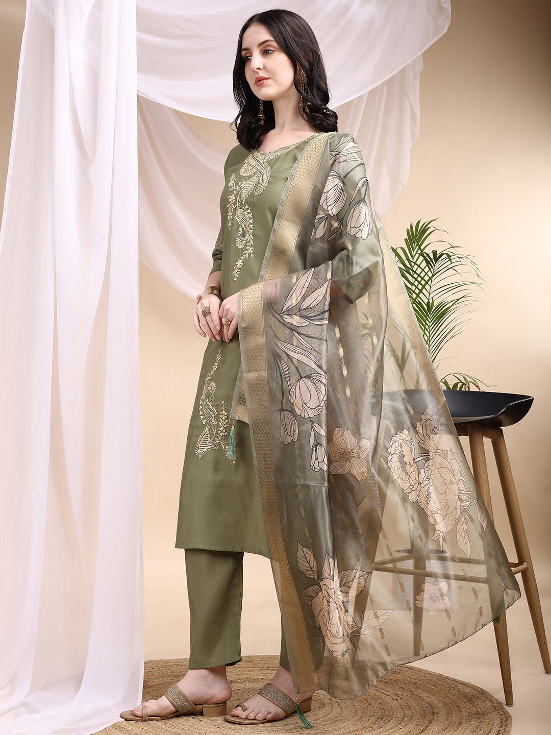 Embroidered Kurta with Pant & Printed Dupatta