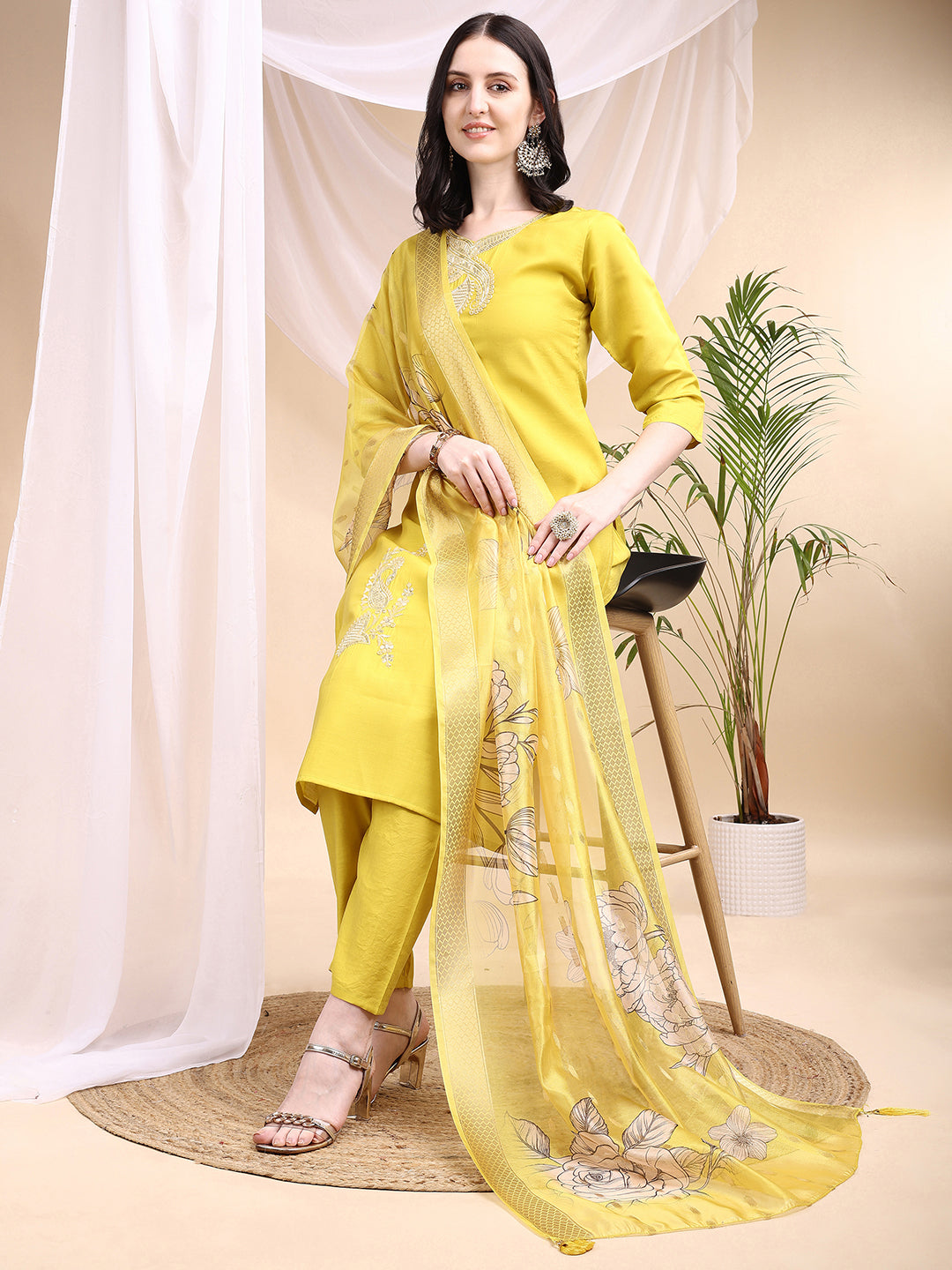 Embroidered Kurta with Pant & Printed Dupatta