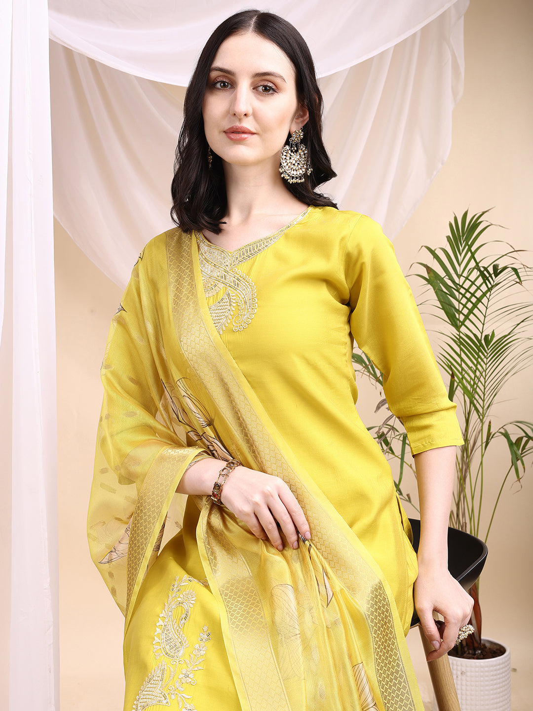 Embroidered Kurta with Pant & Printed Dupatta
