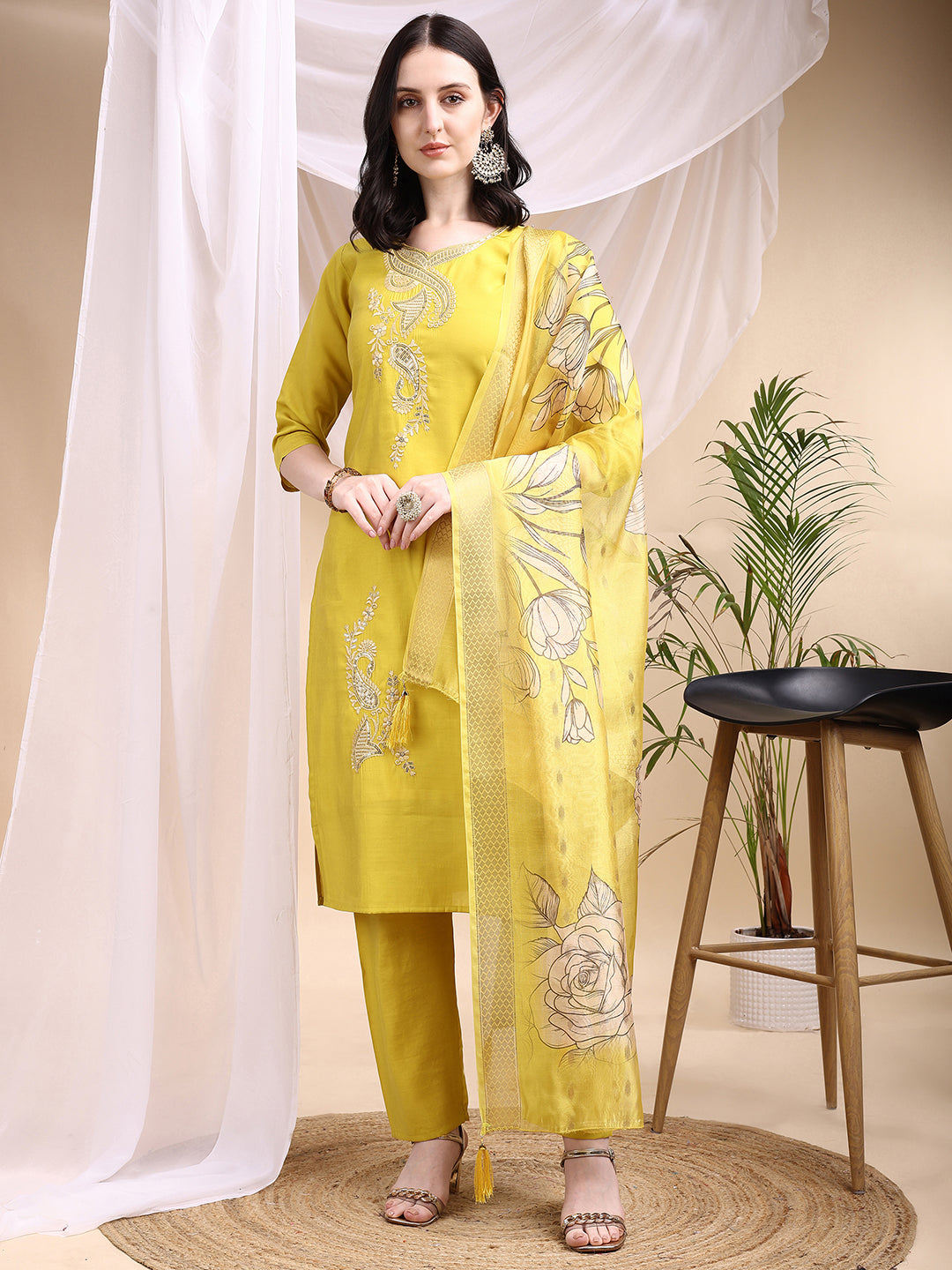 Embroidered Kurta with Pant & Printed Dupatta