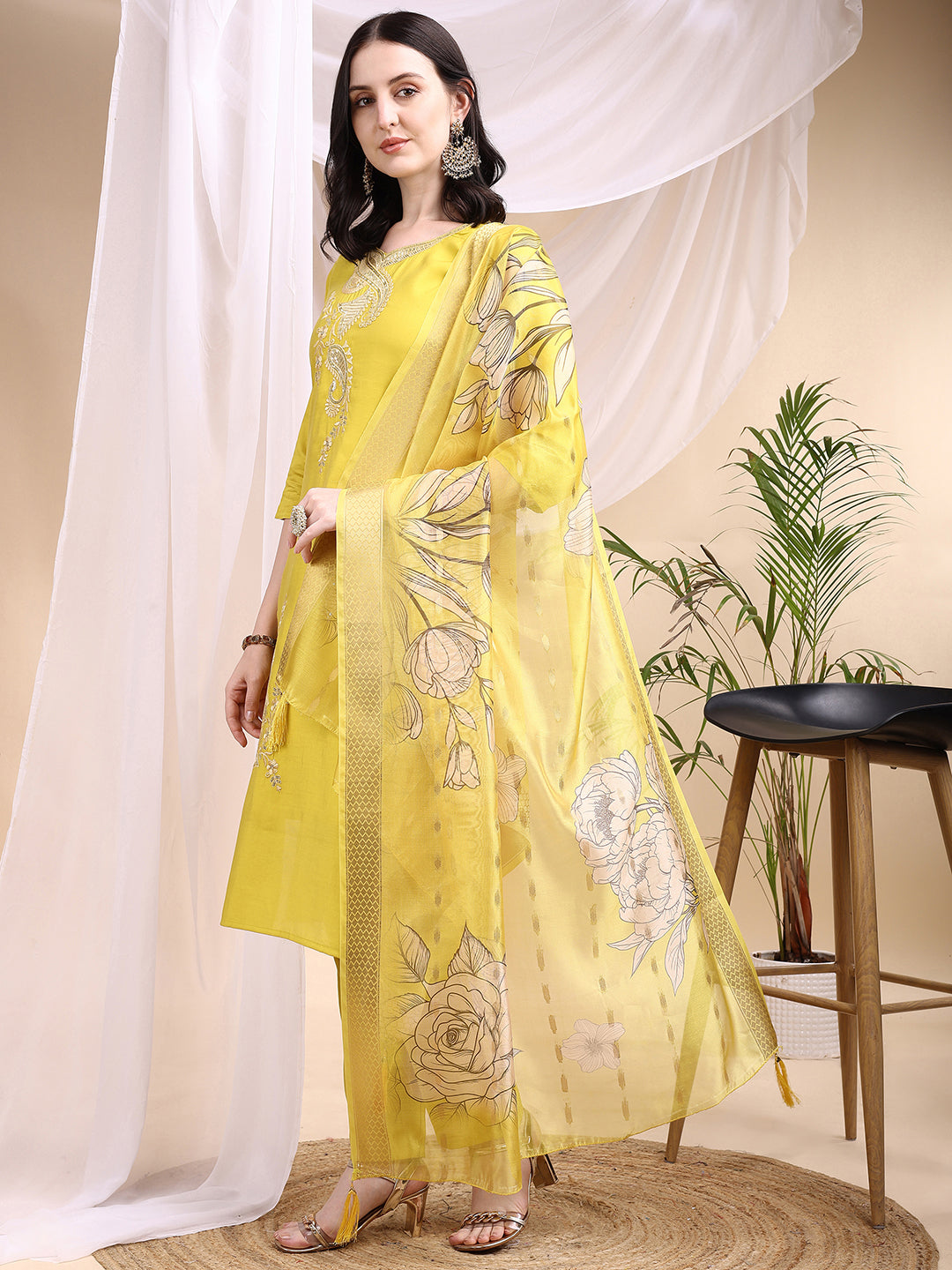 Embroidered Kurta with Pant & Printed Dupatta