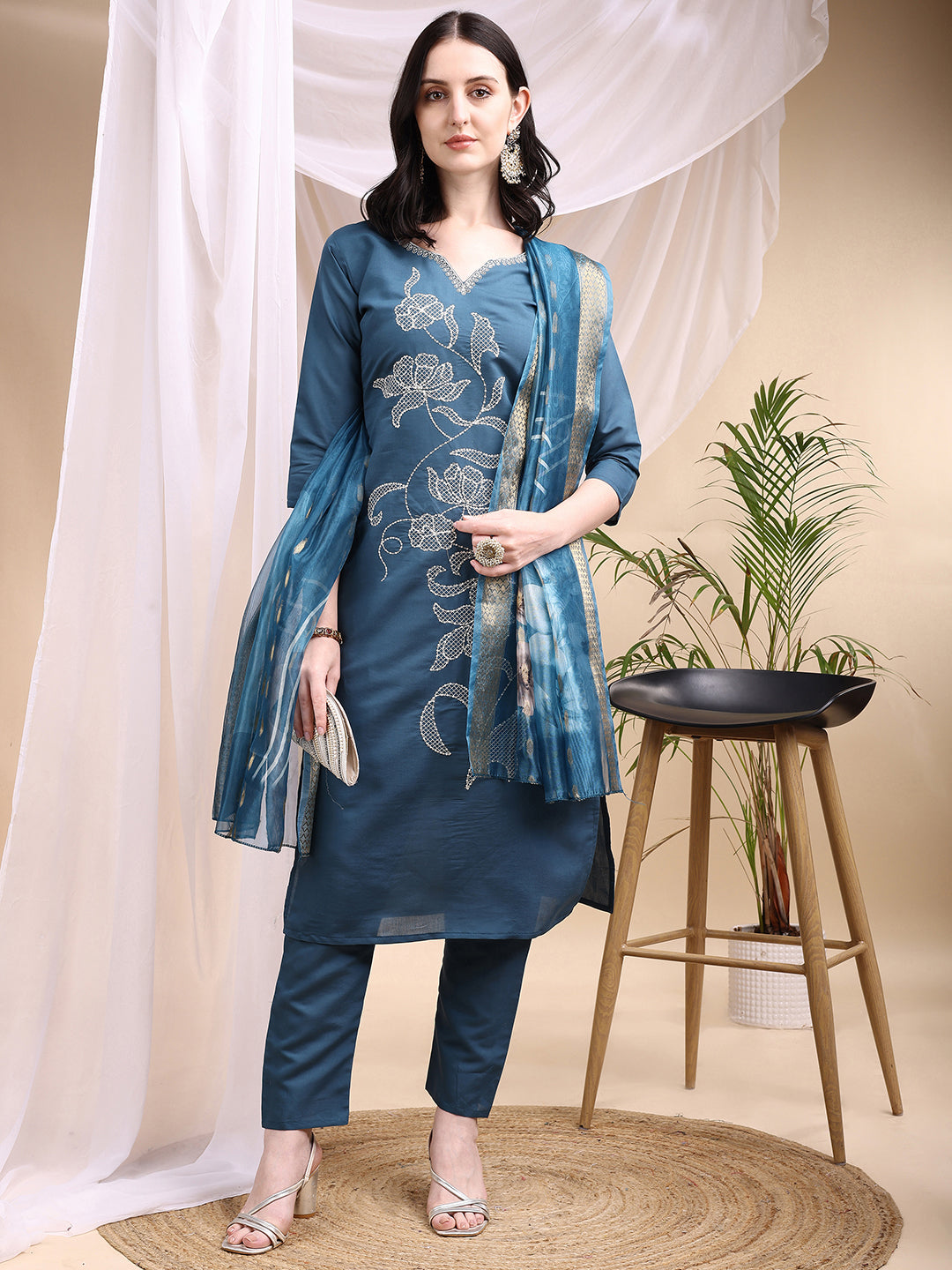 Embroidered Kurta with Pant & Printed Dupatta