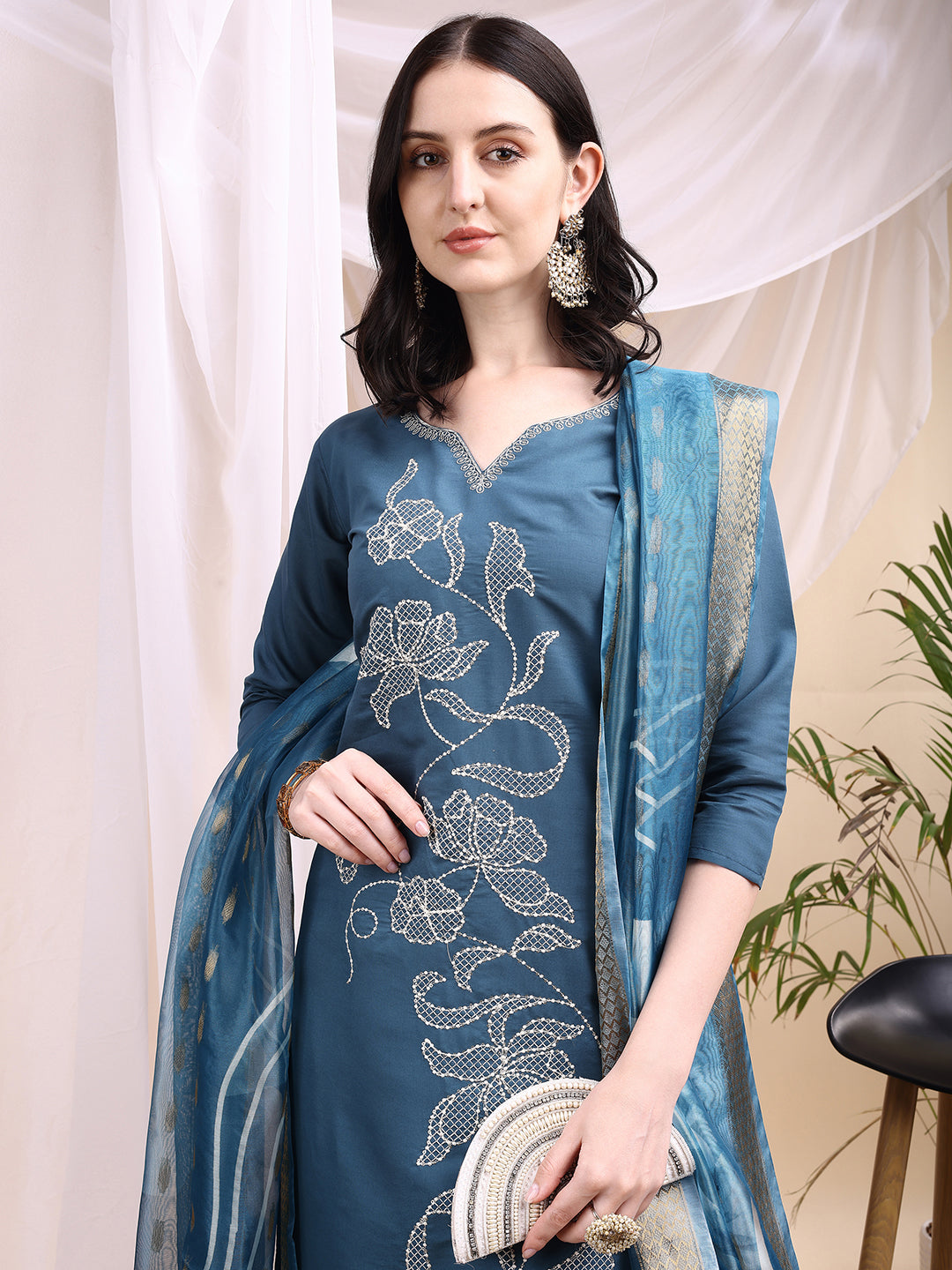 Embroidered Kurta with Pant & Printed Dupatta