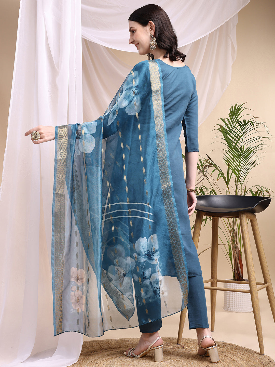 Embroidered Kurta with Pant & Printed Dupatta