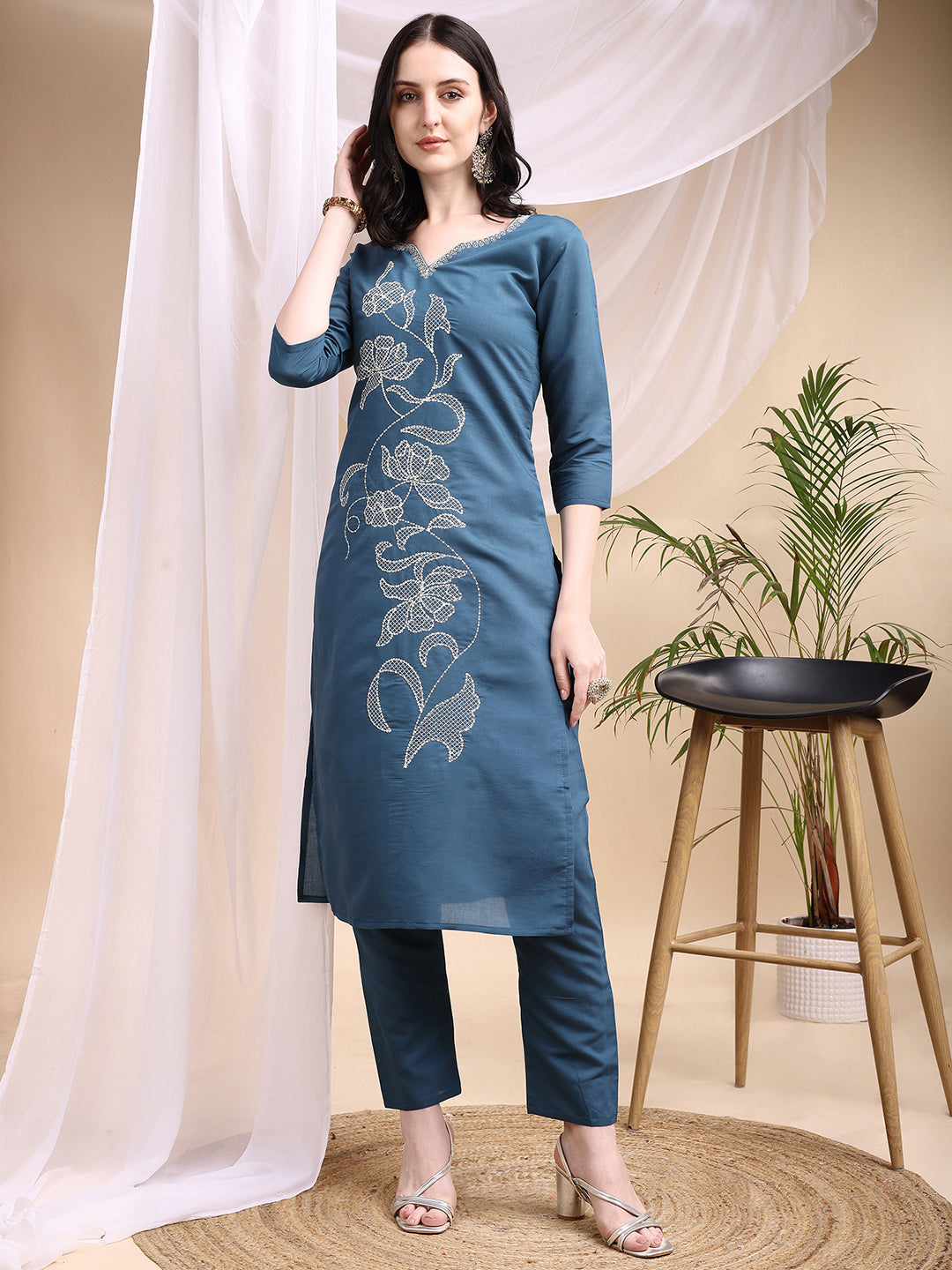 Embroidered Kurta with Pant & Printed Dupatta