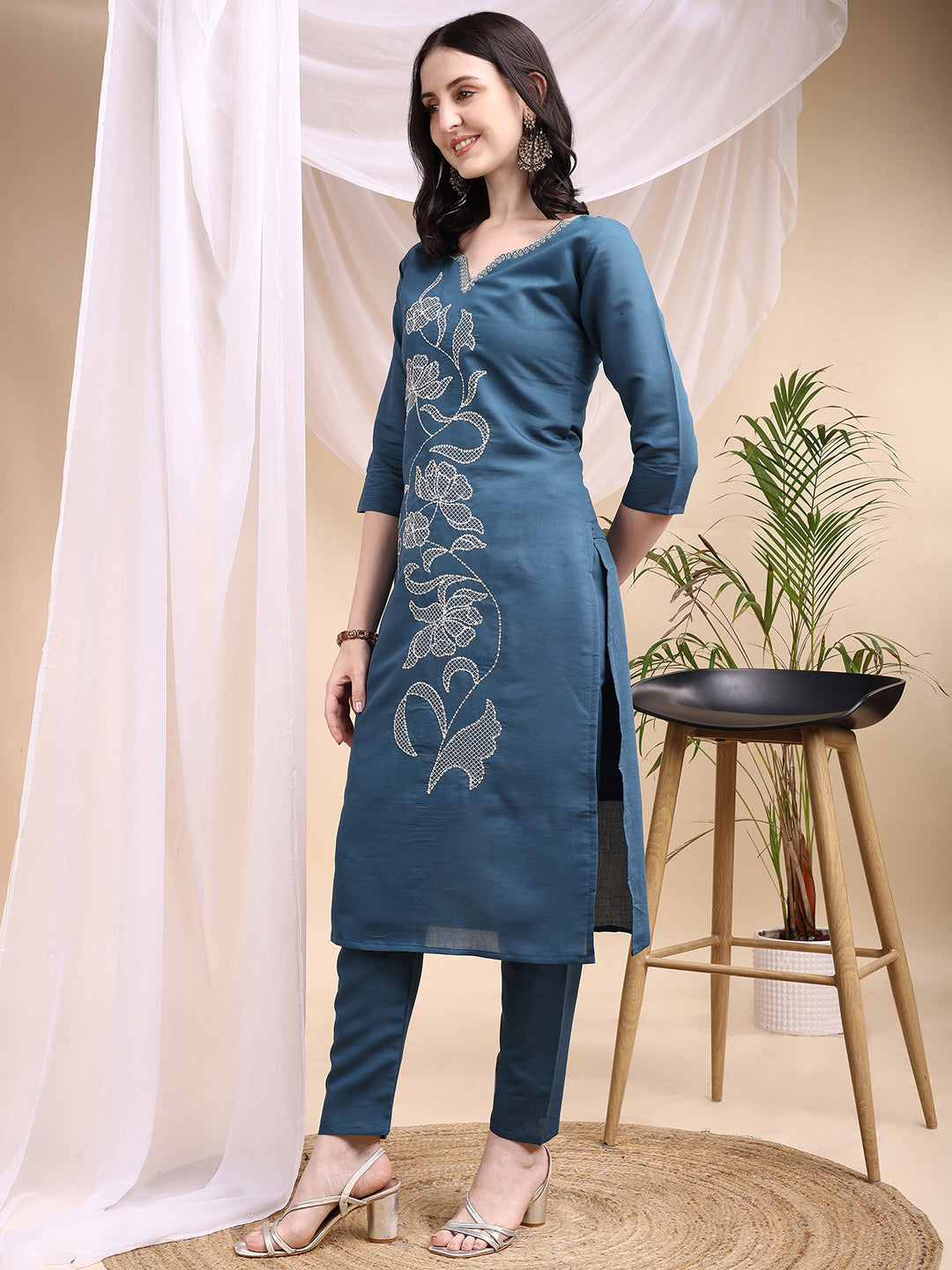 Embroidered Kurta with Pant & Printed Dupatta