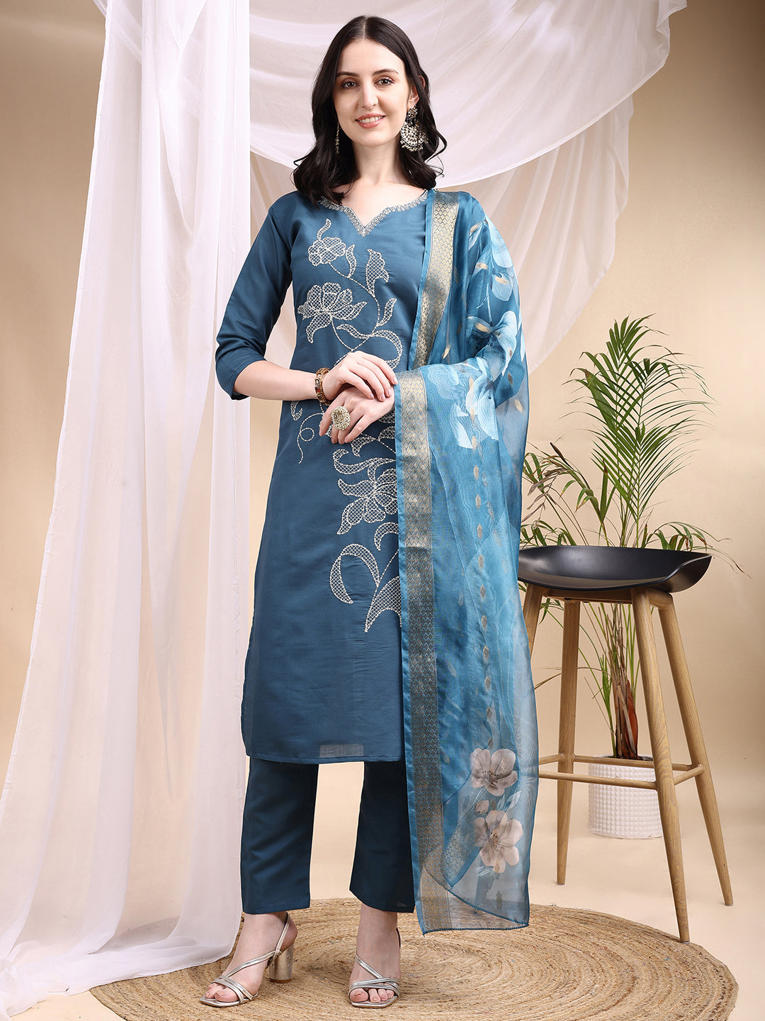Embroidered Kurta with Pant & Printed Dupatta