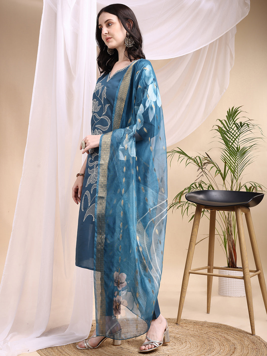 Embroidered Kurta with Pant & Printed Dupatta