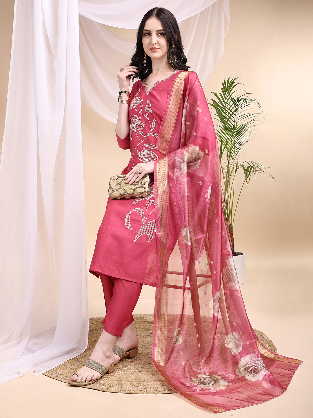 Embroidered Kurta with Pant & Printed Dupatta