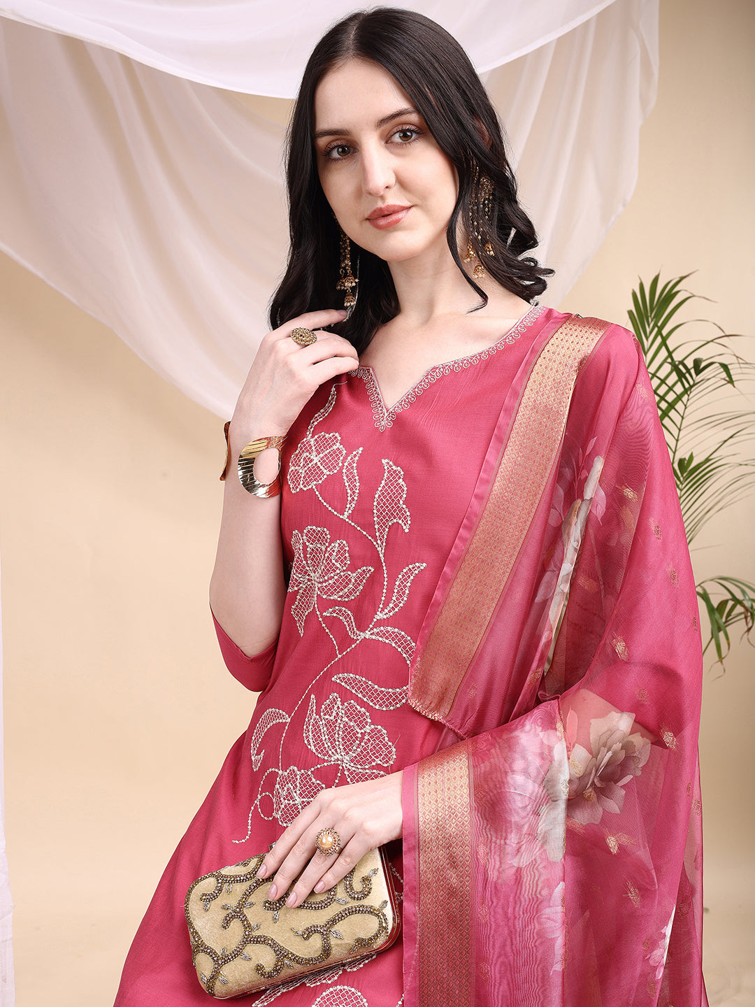 Embroidered Kurta with Pant & Printed Dupatta
