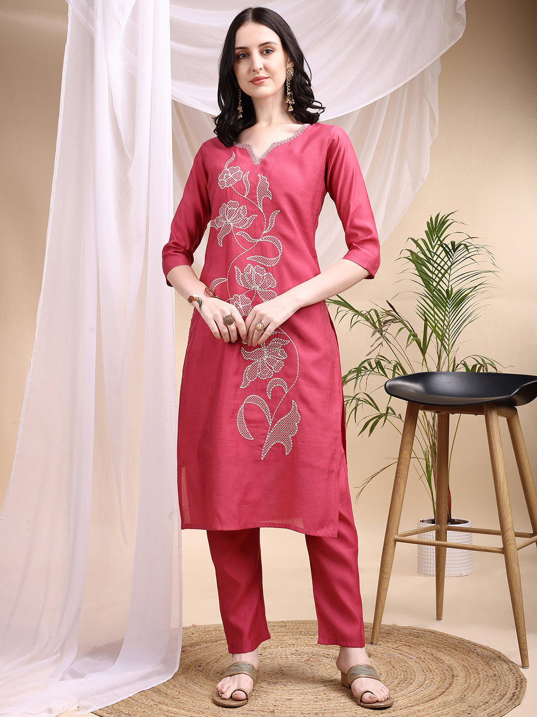 Embroidered Kurta with Pant & Printed Dupatta
