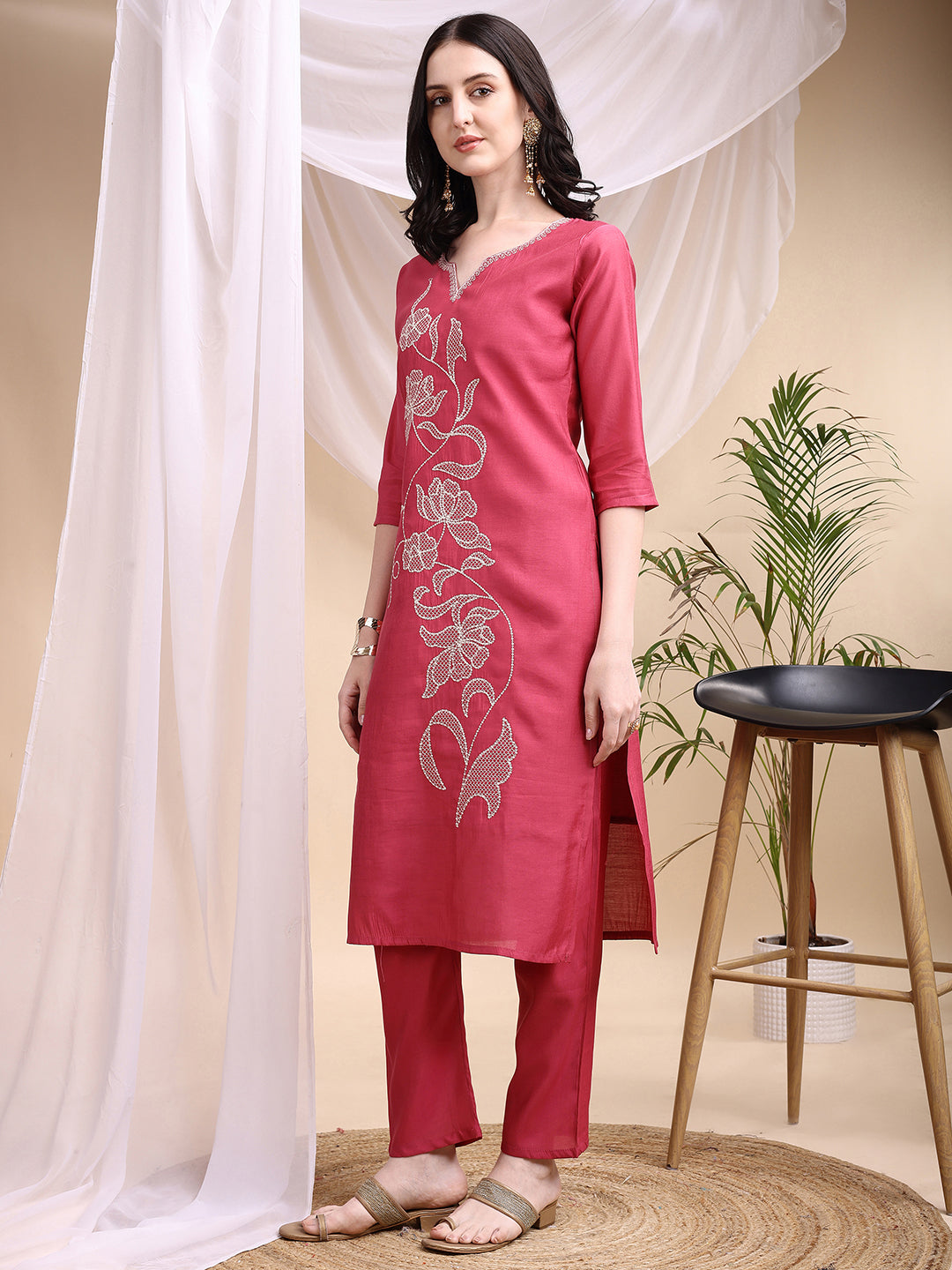 Embroidered Kurta with Pant & Printed Dupatta