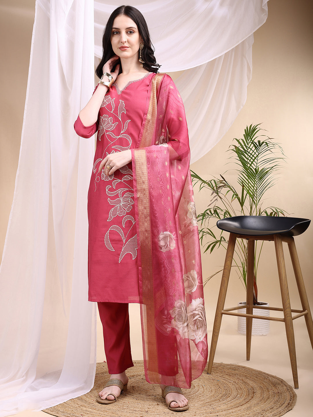 Embroidered Kurta with Pant & Printed Dupatta