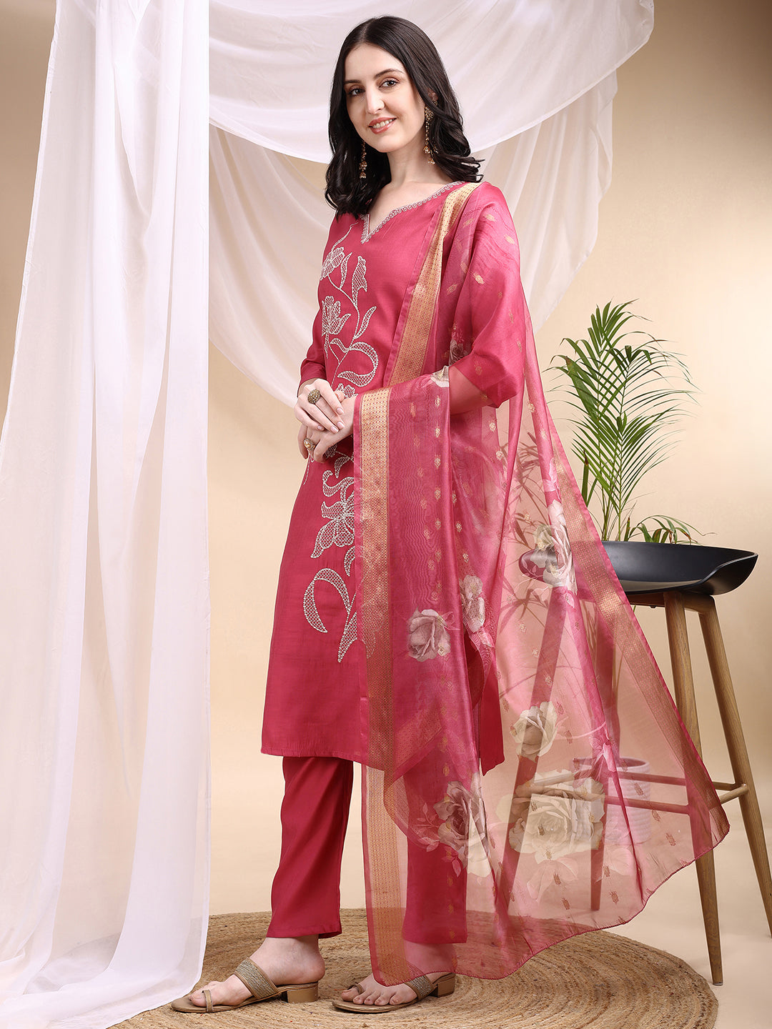 Embroidered Kurta with Pant & Printed Dupatta