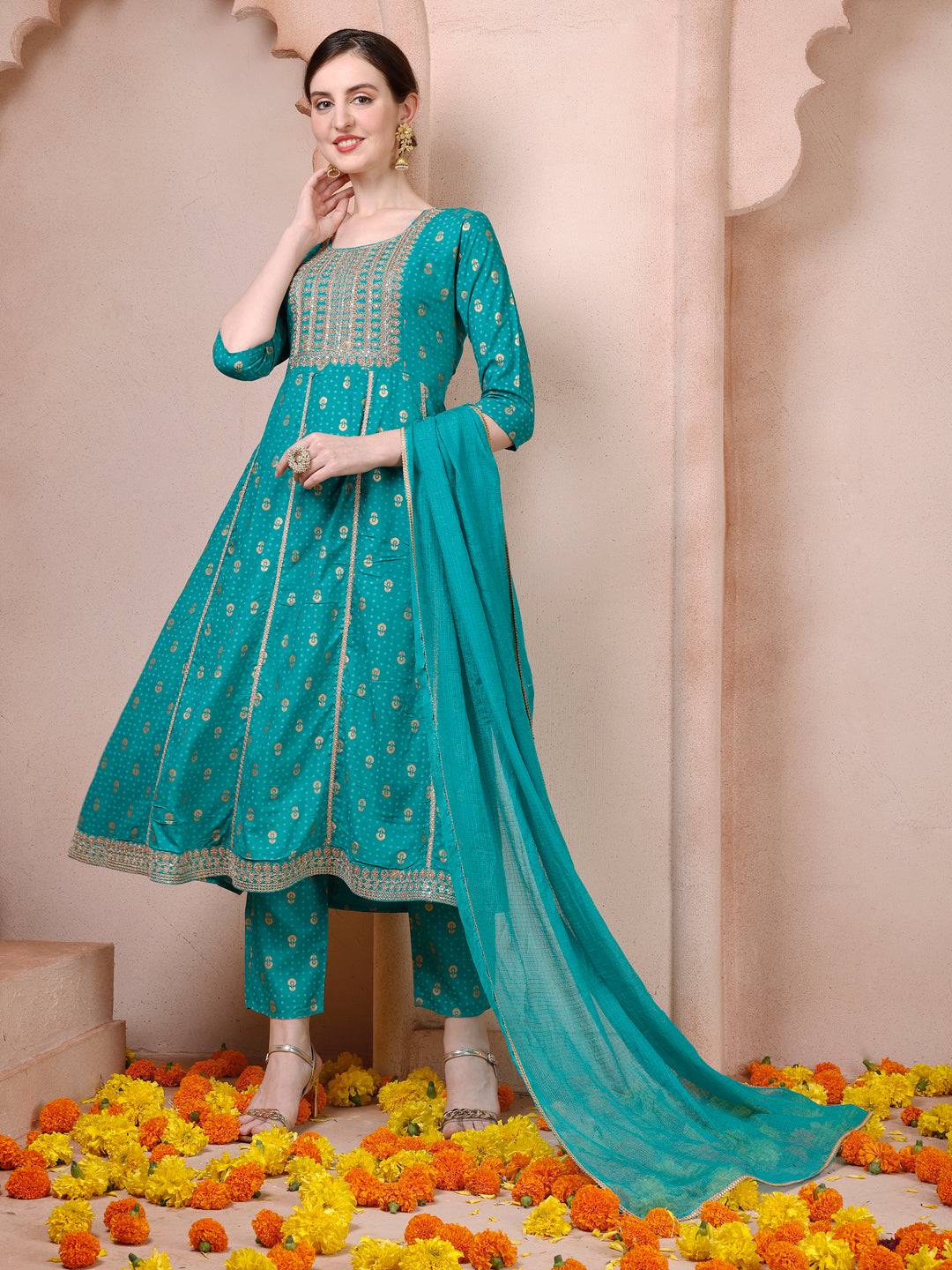 Anarkali Embroidered Kurta With Pant and Dupatta Set