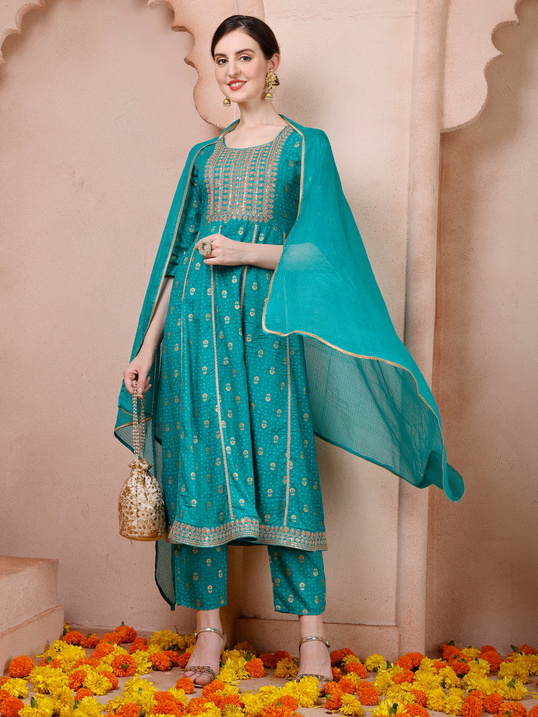 Anarkali Embroidered Kurta With Pant and Dupatta Set