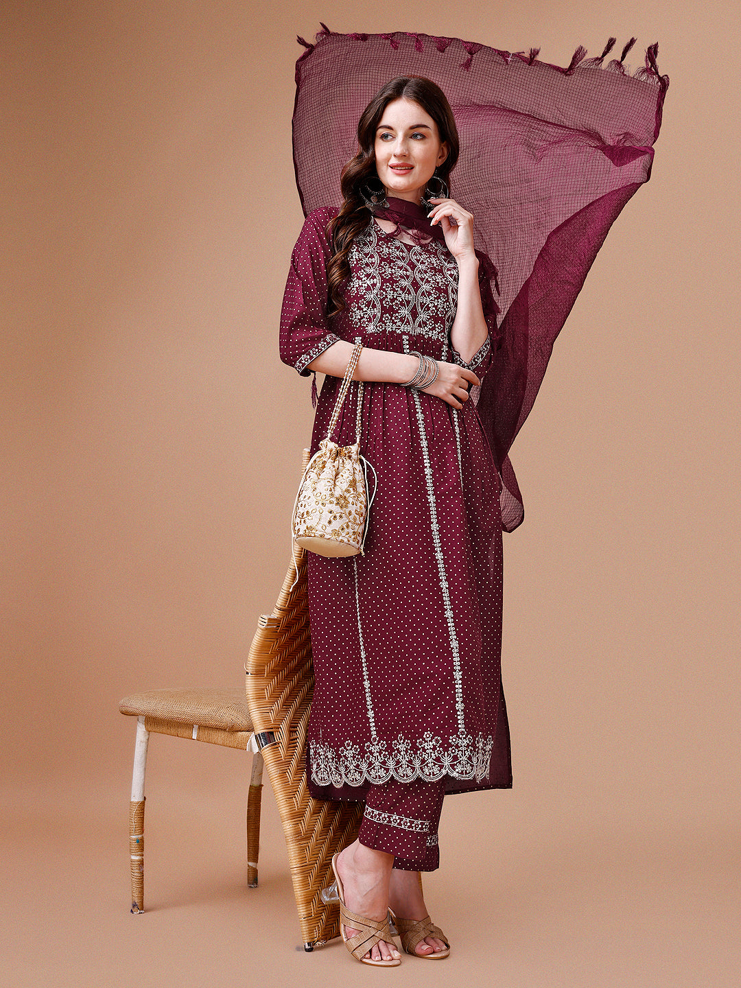 Nyra Cut Embroidered Rayon Kurta with pant & dupatta