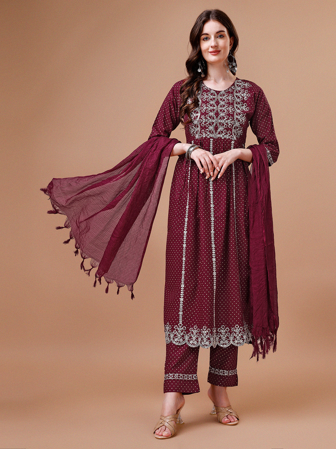 Nyra Cut Embroidered Rayon Kurta with pant & dupatta