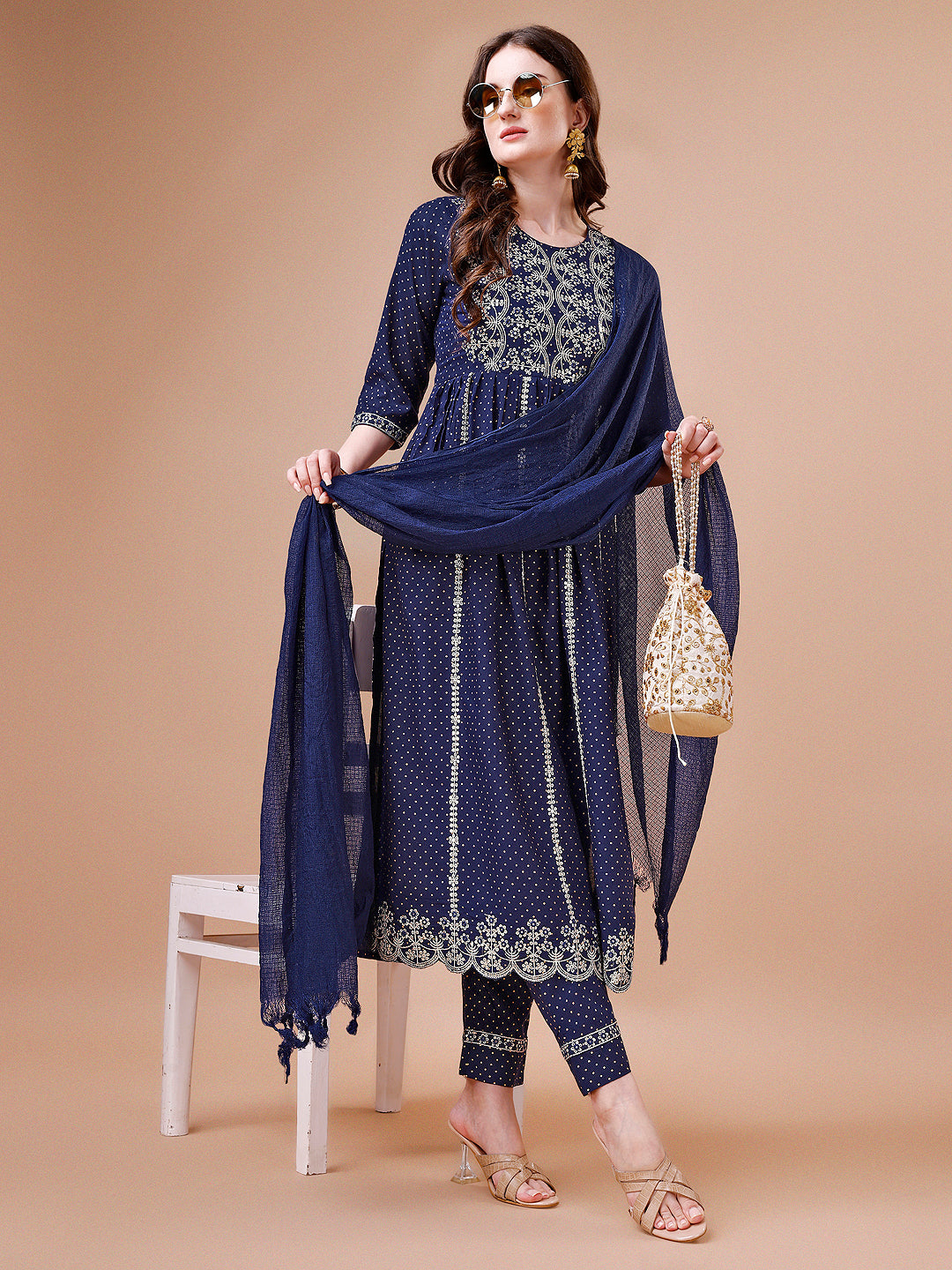 Nyra Cut Embroidered Rayon Kurta with pant & dupatta