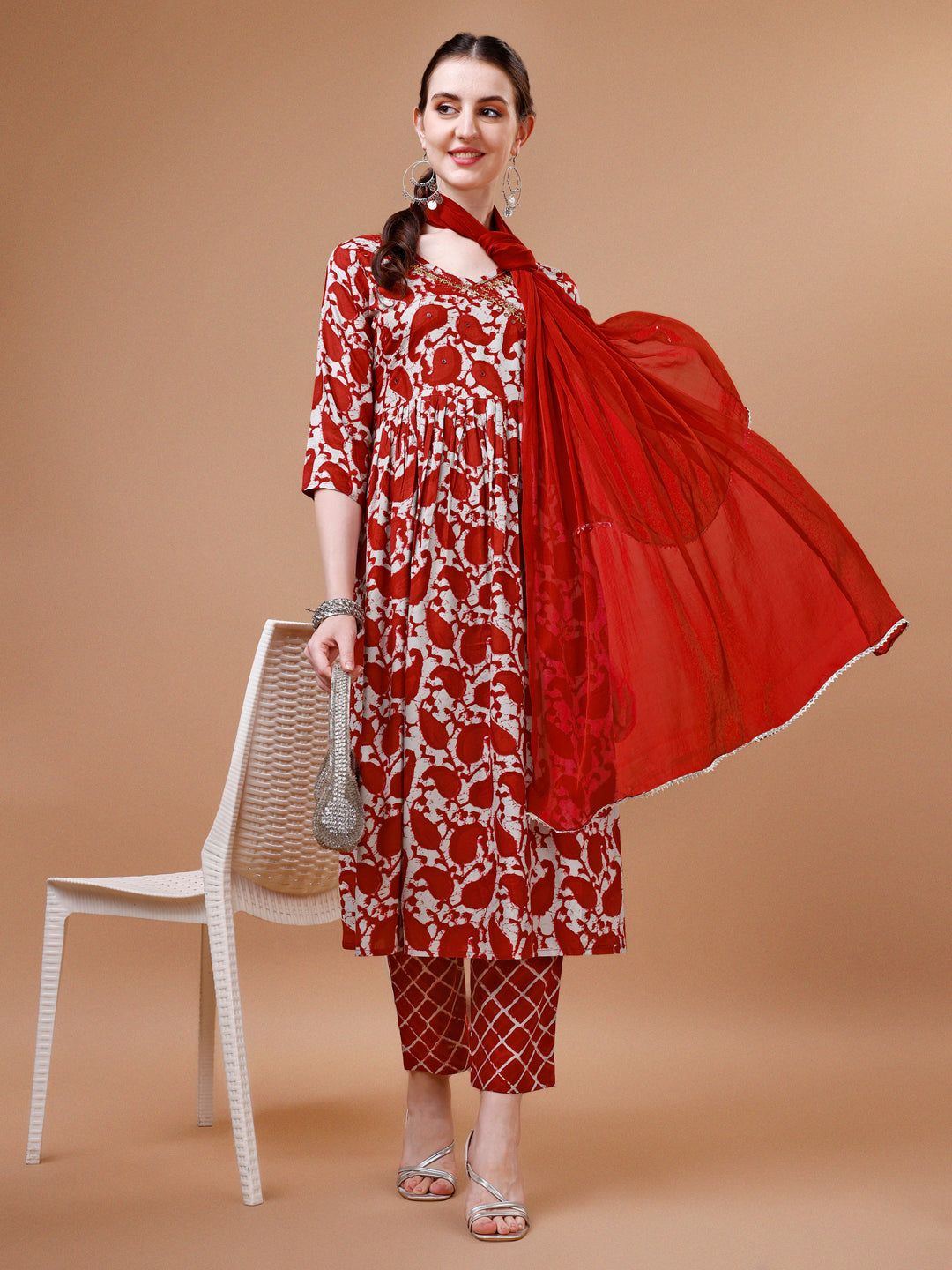 Embroidered Angrakha style Printed & Flared Anarkali Kurta with pant & Dupatta set