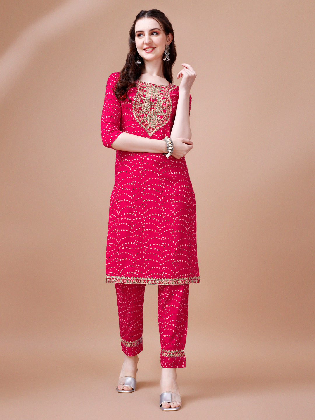 Embroidered & Bandhani Printed Kurta with pant & dupatta