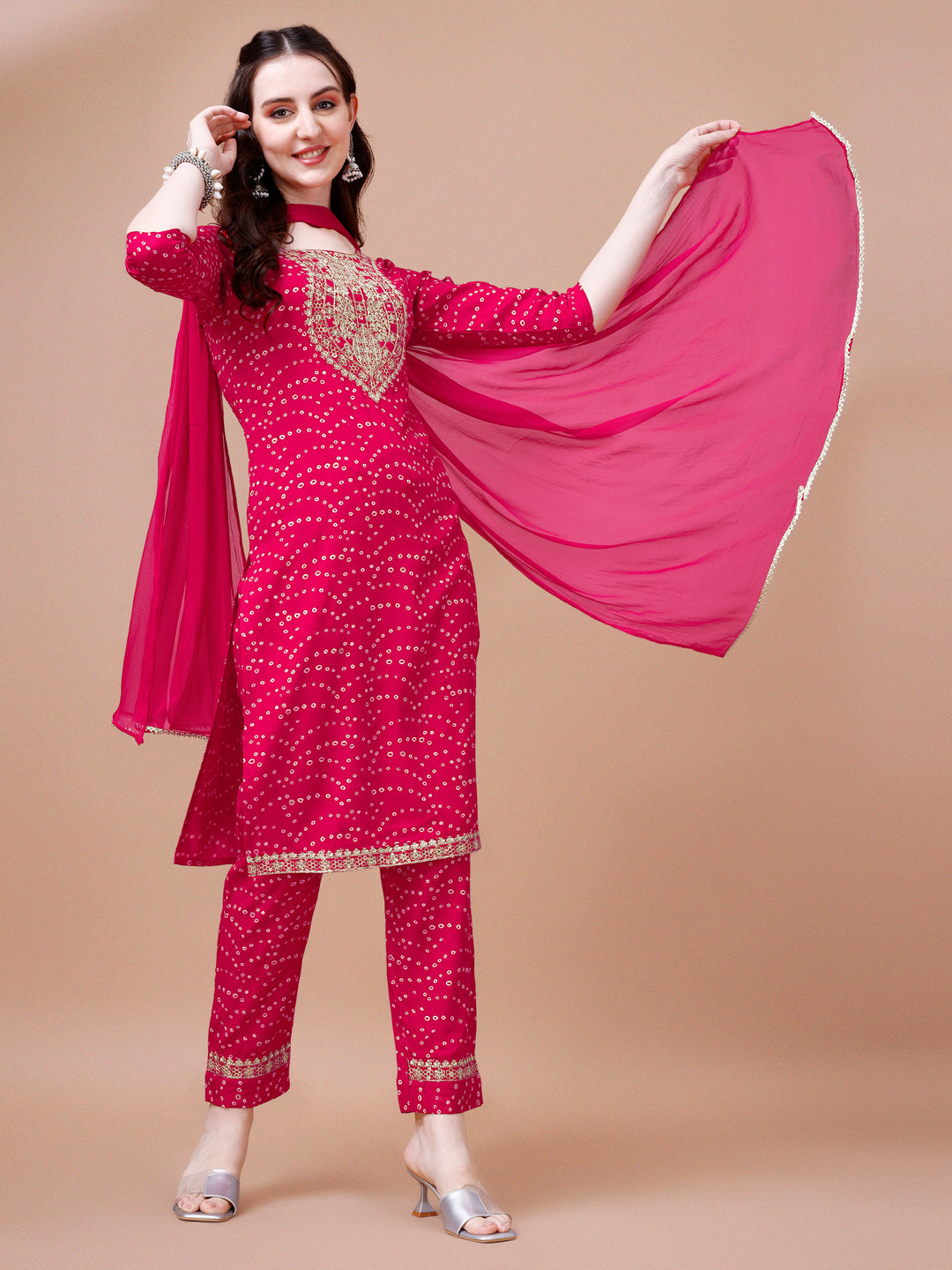 Embroidered & Bandhani Printed Kurta with pant & dupatta