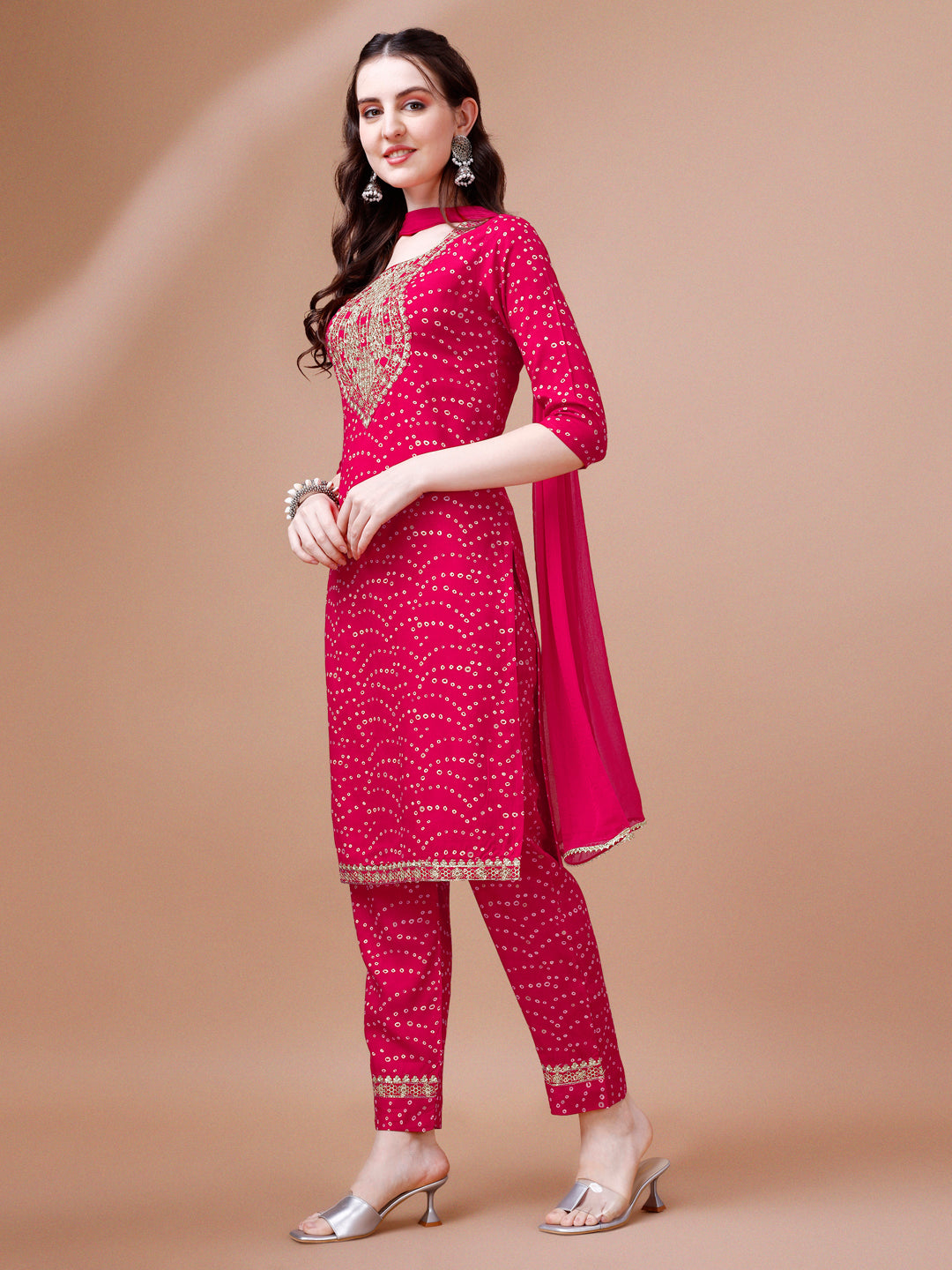 Embroidered & Bandhani Printed Kurta with pant & dupatta