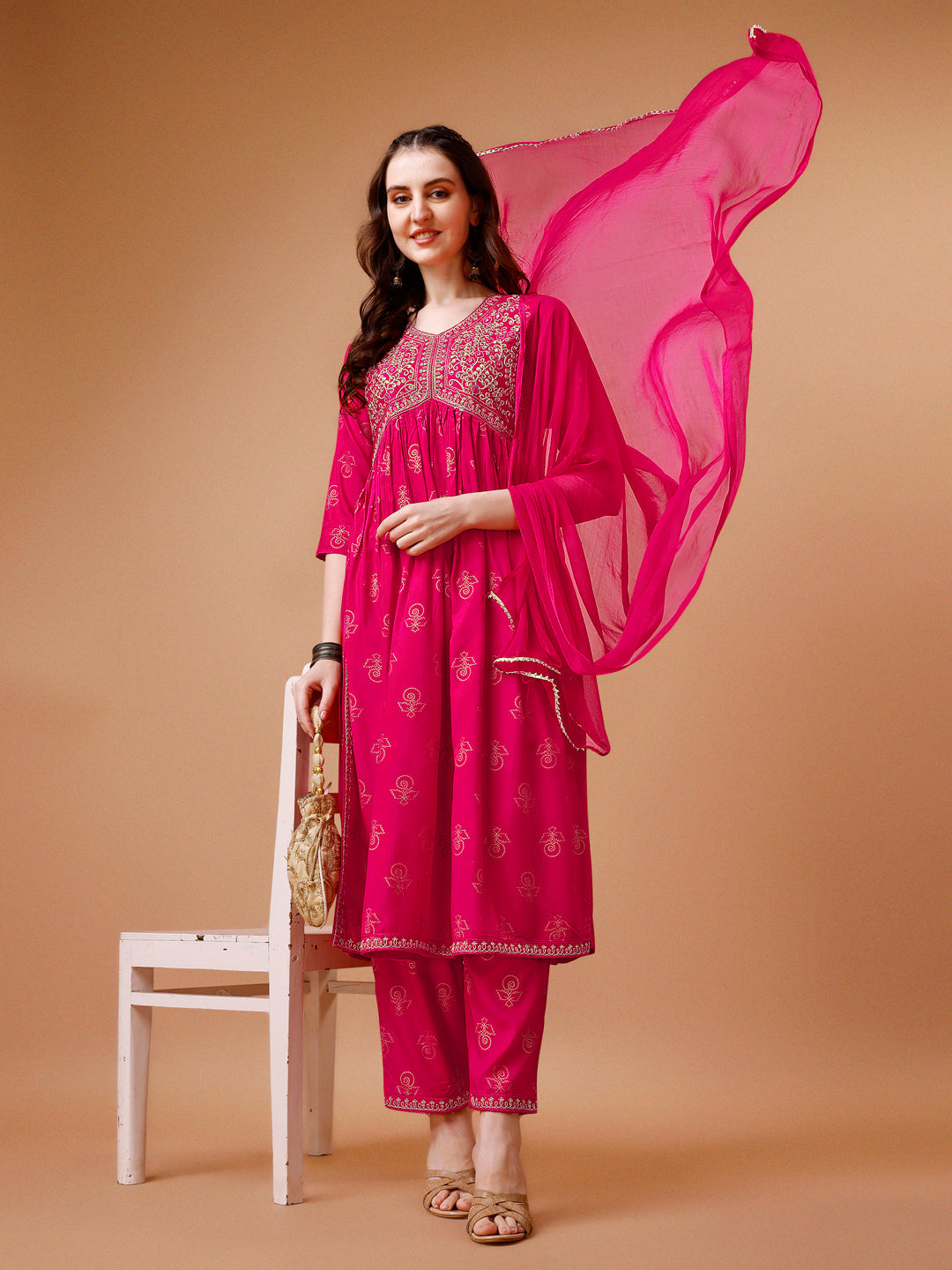 Alia Cut Embroidered & printed Kurta with pant & dupatta