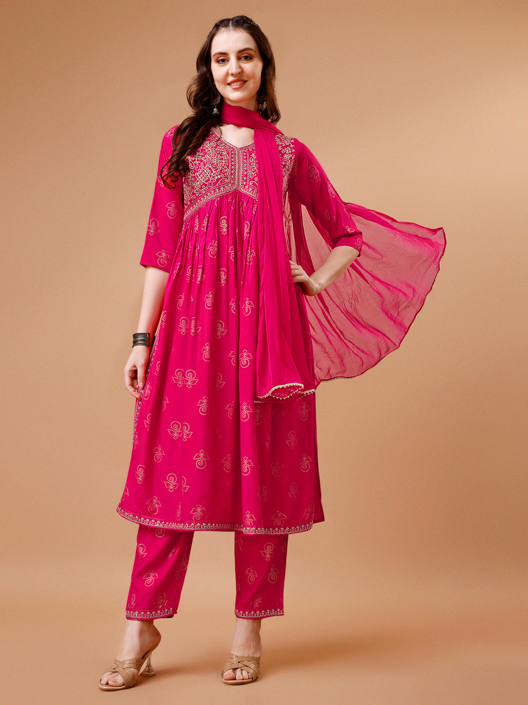 Alia Cut Embroidered & printed Kurta with pant & dupatta