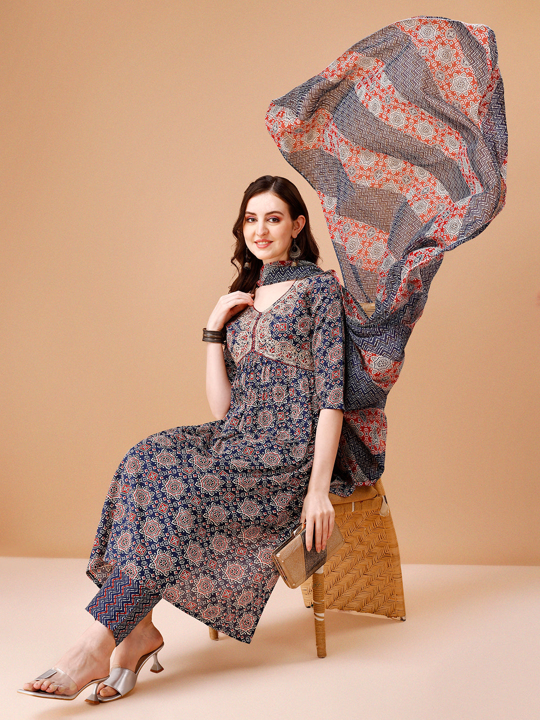 Alia Cut embroidered & printed Kurta with pant & dupatta