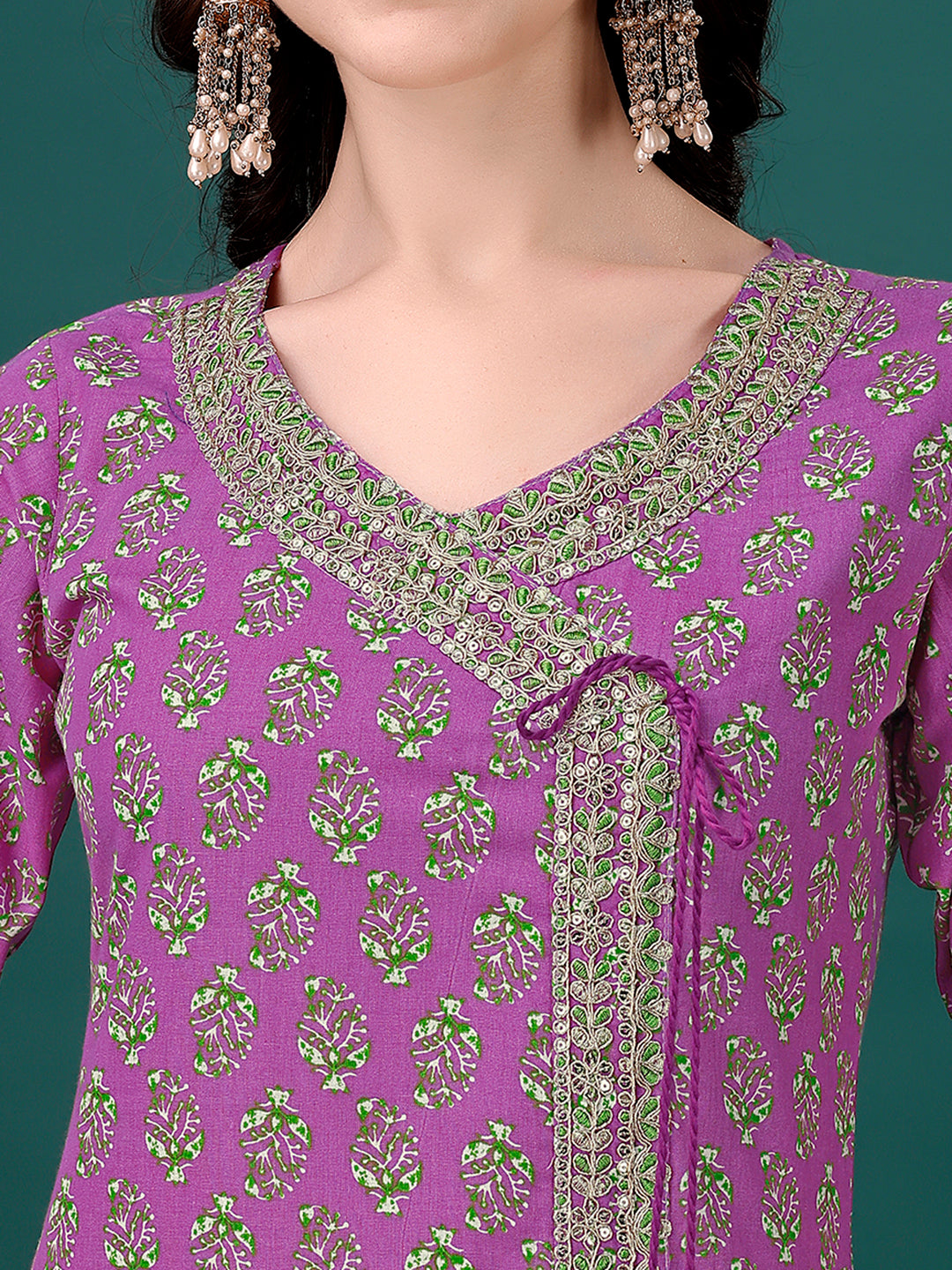 Embroidered & Printed Angrakha Style Kurta with printed Pant & Dupatta